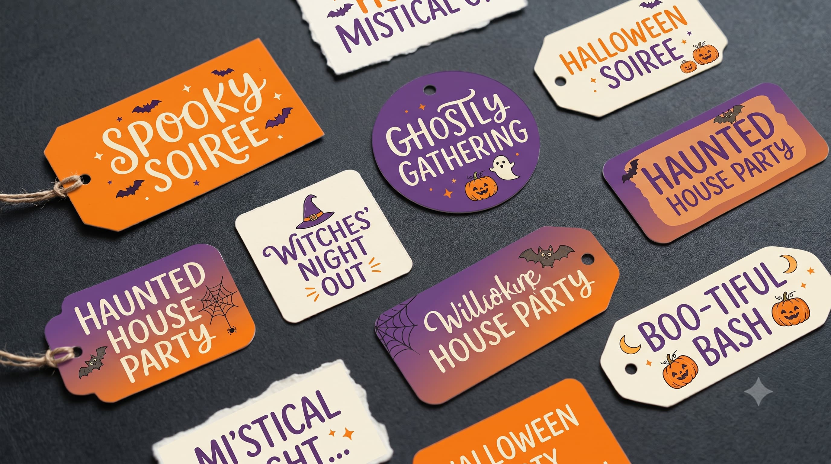 Halloween party name idea examples displayed as handwritten style labels