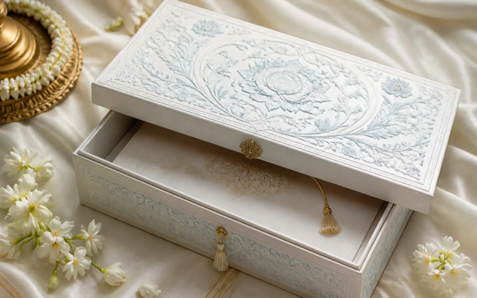 Illustrative photo of a white luxury wedding invitation box with pastel blue carvings on silk with jasmine flowers