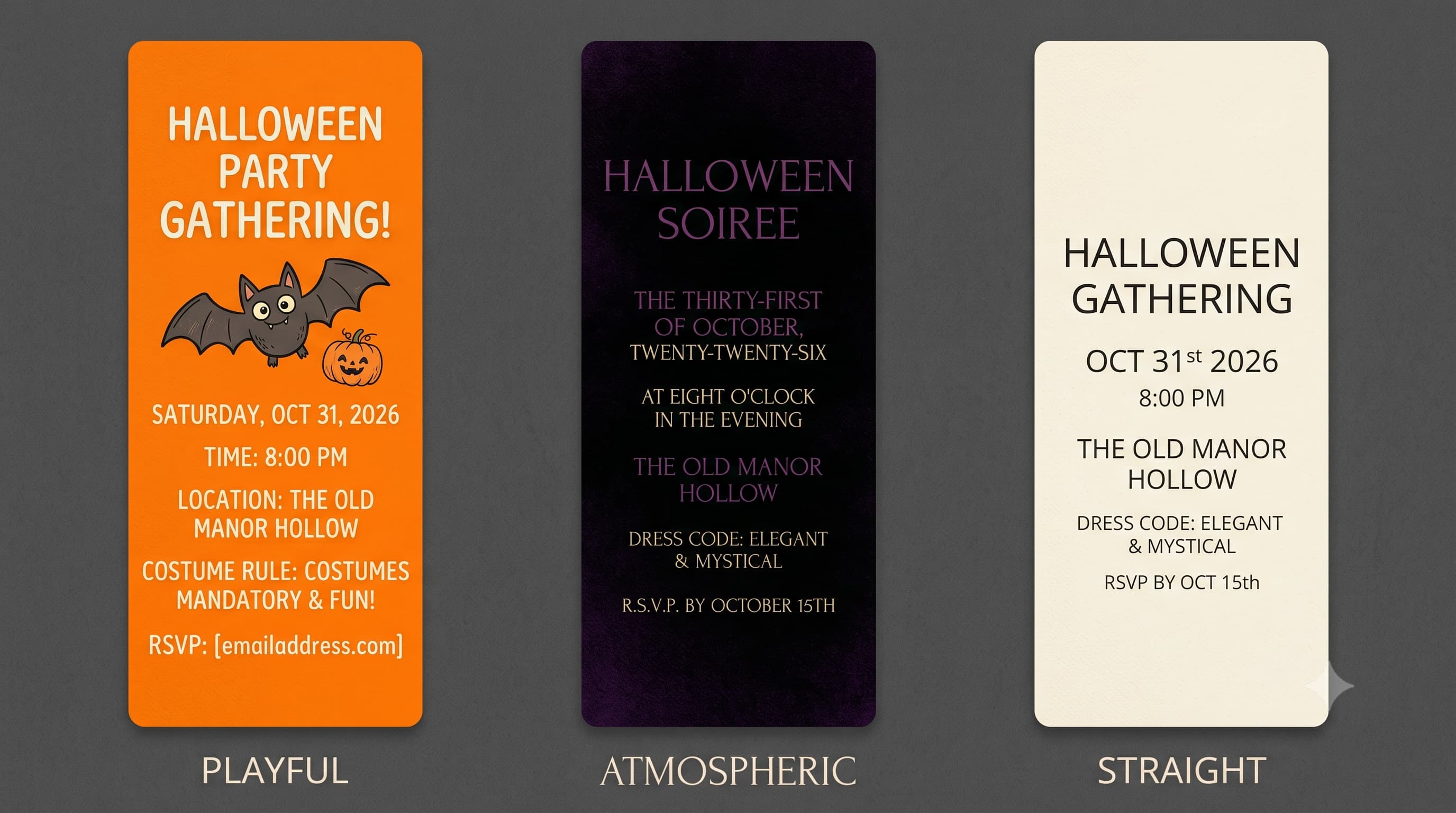 Three Halloween invitation wording styles compared playful, atmospheric, and straight