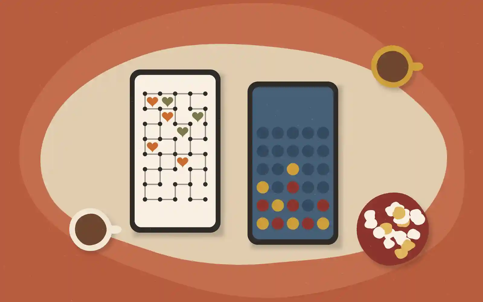 Overhead cut-paper illustration of two phones on a tablecloth, one showing a dots-and-boxes game with hearts and one a connect-four board, with two cups of coffee and a bowl of popcorn