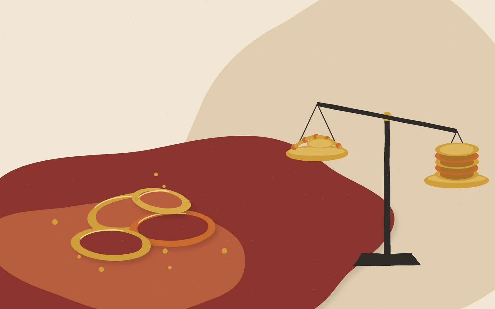Cut-paper illustration of gold bangles on red silk beside a jeweller's balance, where a heavy stack of bangles sinks and a light chain rises
