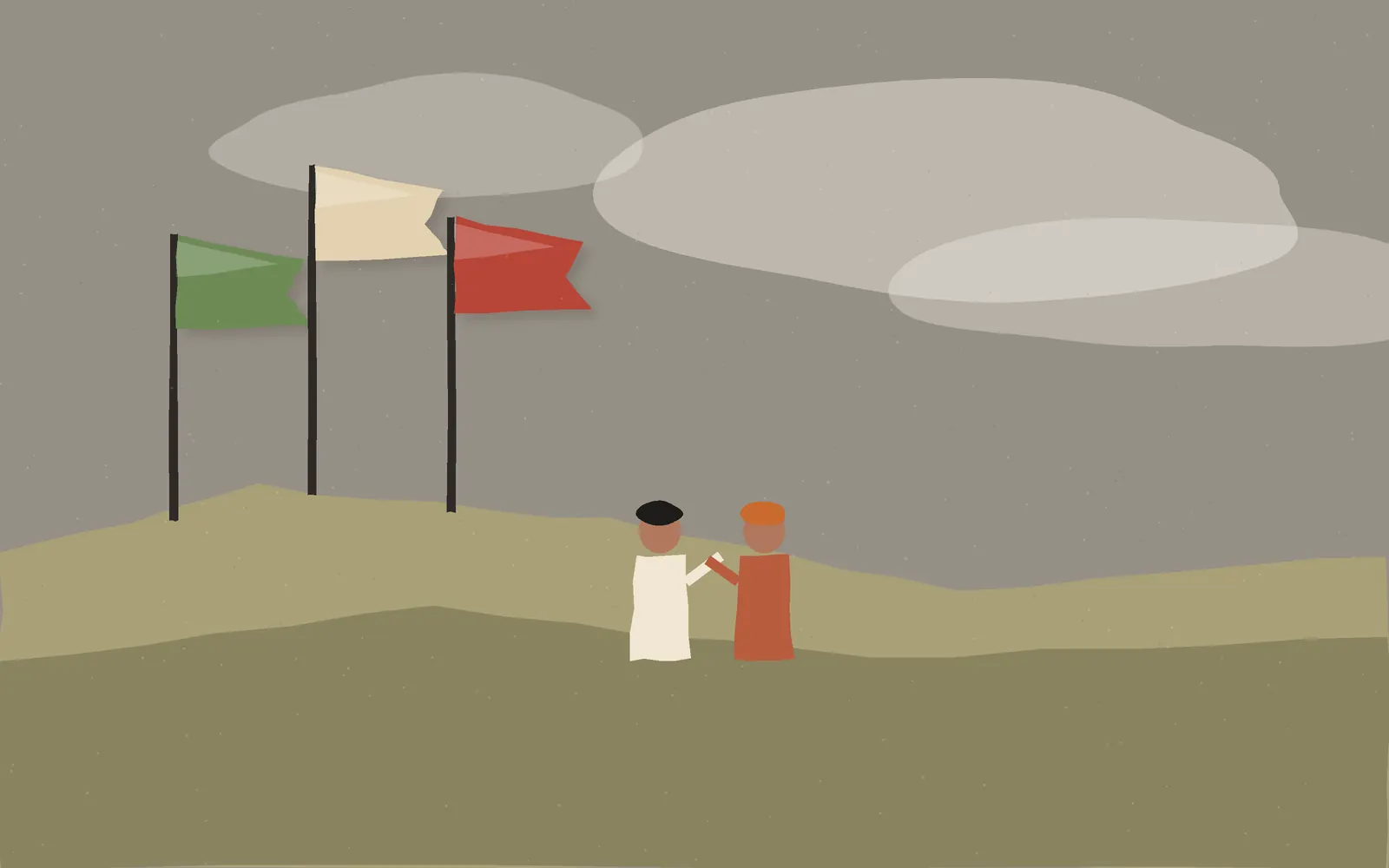 Cut-paper illustration of a green, a beige and a red flag planted on a rolling hill under soft clouds, with two small faceless figures debating beside them