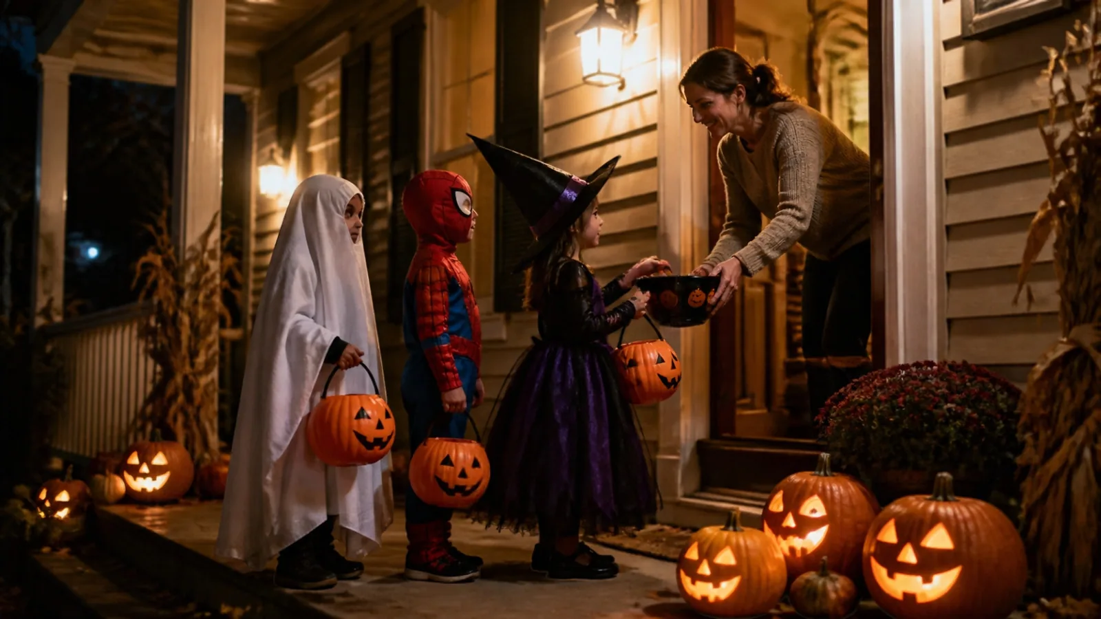 Kids dressed as a ghost, Spider-Man and a witch trick-or-treating on a porch lit by glowing jack-o-lanterns