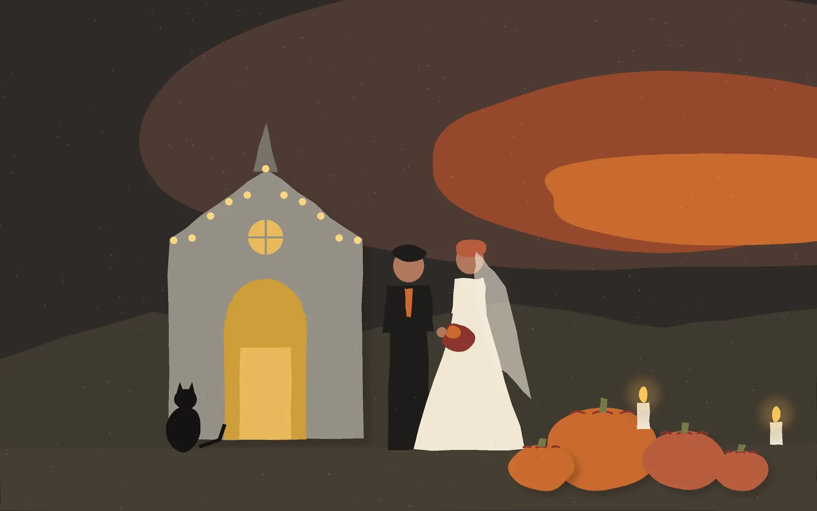 Cut-paper illustration of a faceless bride and groom at a glowing chapel door at dusk, with pumpkins, candles and a black cat
