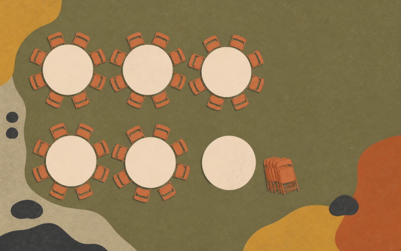 Overhead illustration of round tables ringed by terracotta chairs, with one table still waiting beside a stack of folded chairs