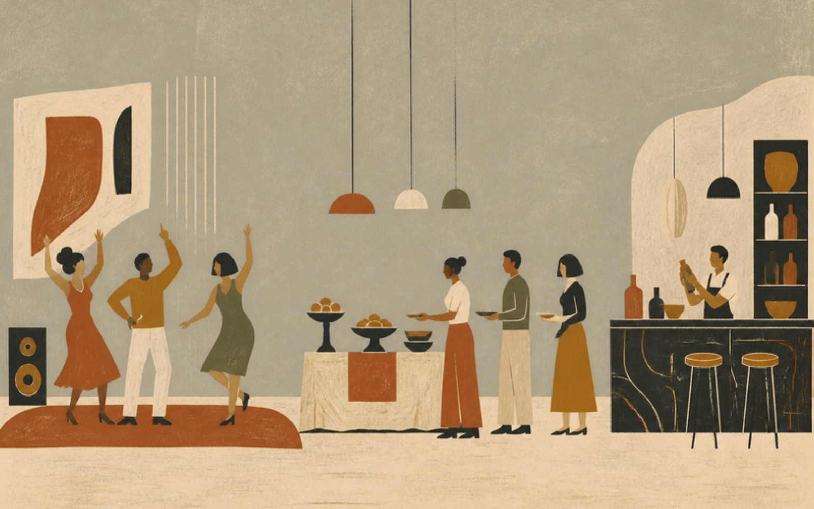 Side-view illustration of a party room with guests dancing, a buffet queue in the middle and a bartender at the bar