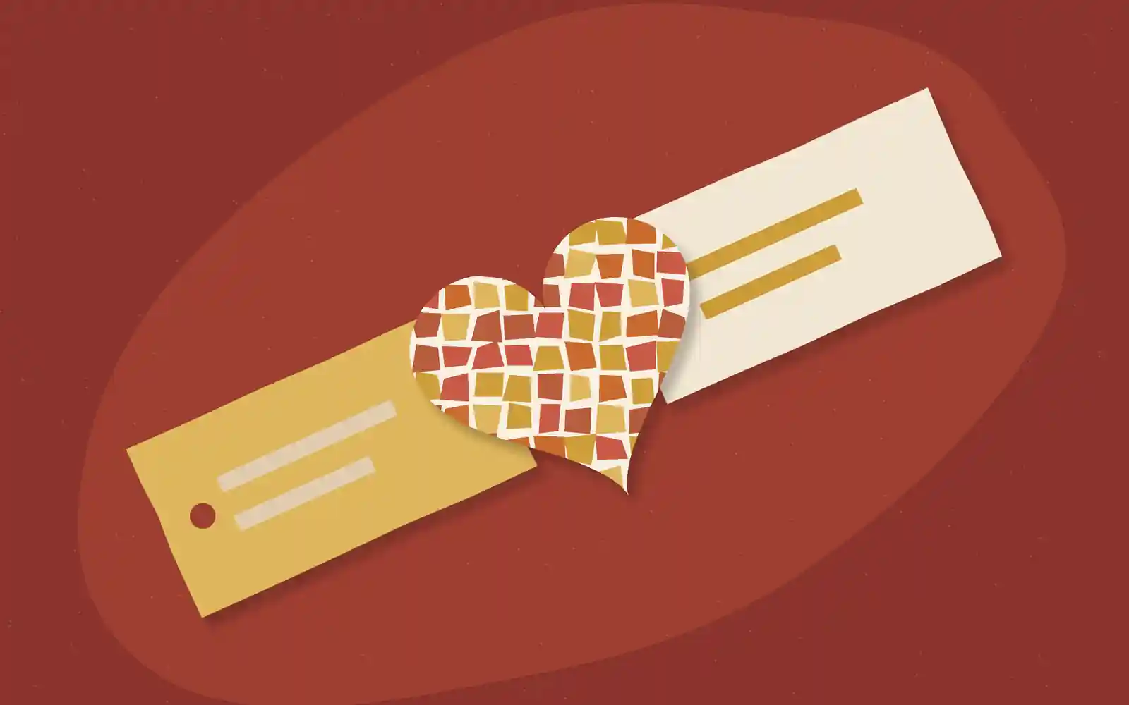Mosaic cut-paper illustration of two blank name tags, ochre and cream, sliding together diagonally on a deep red field, their meeting point forming a tiled heart