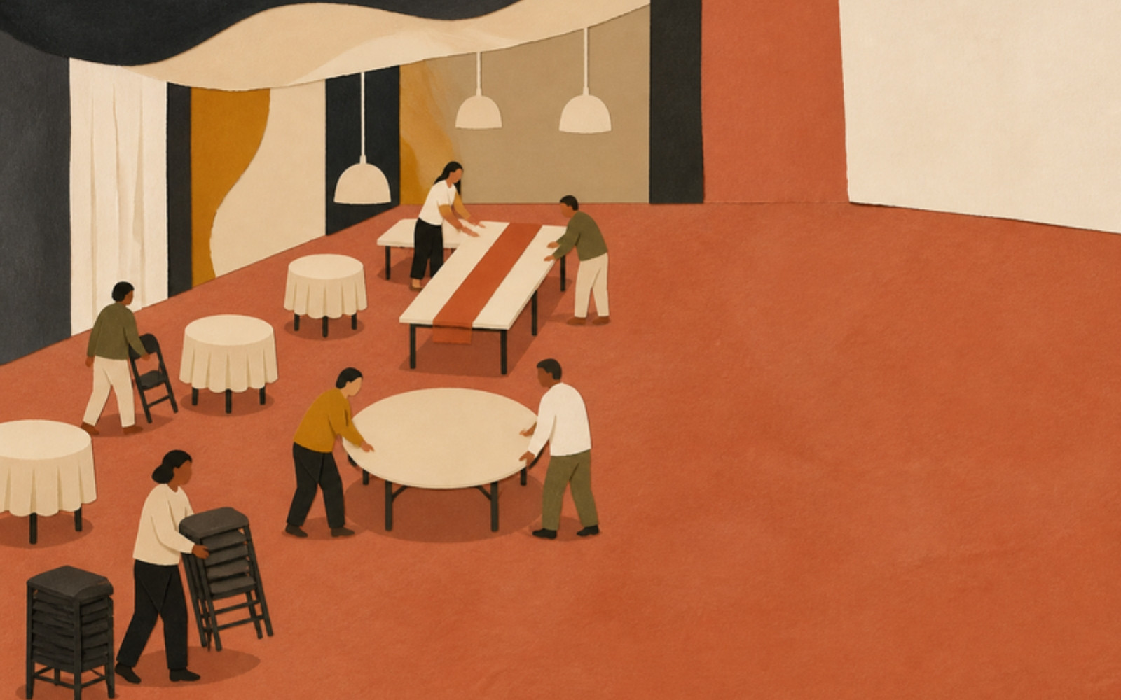 Cut-paper illustration of people setting up a party hall, carrying folding chairs and rolling round tables