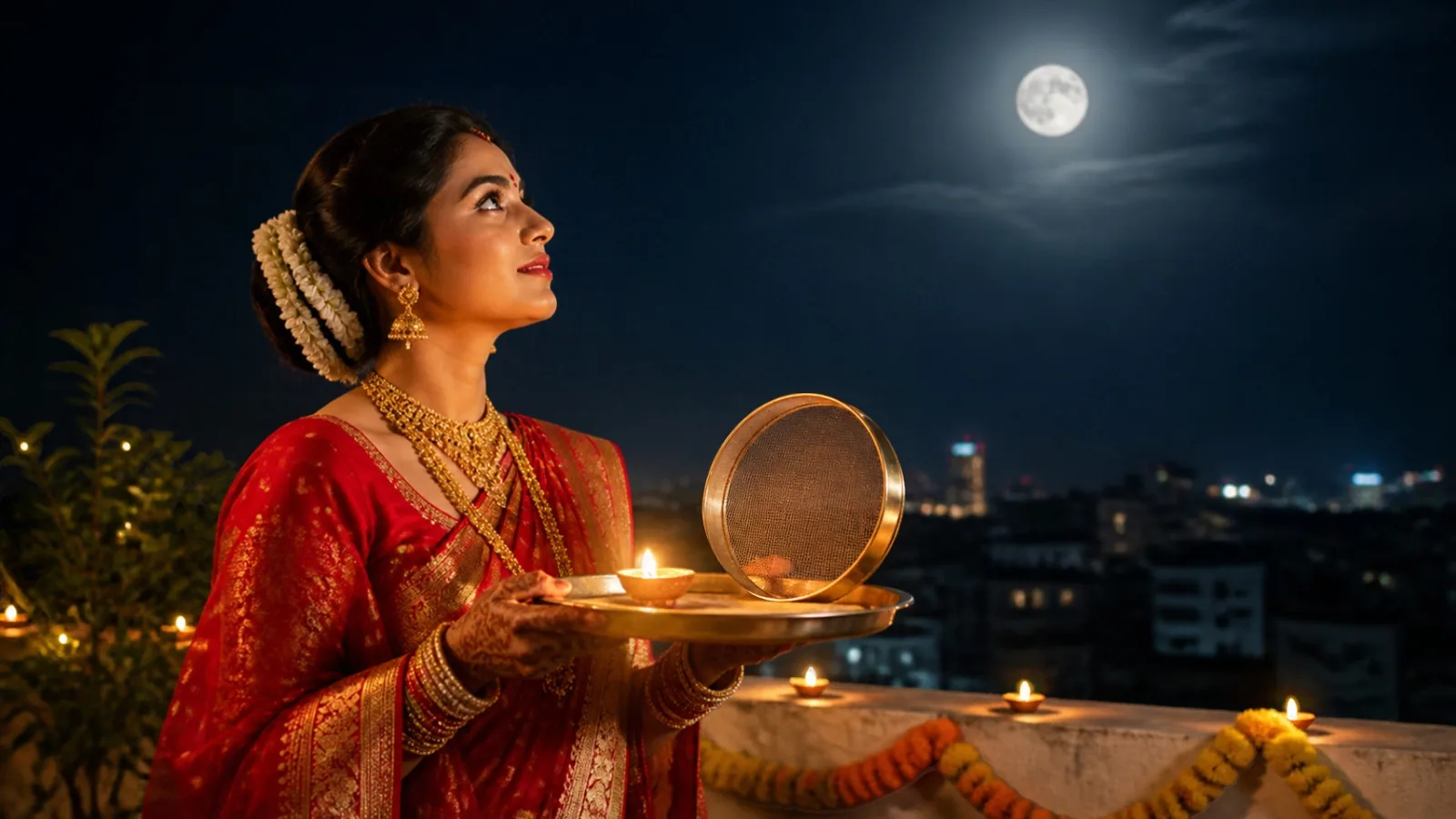 Woman in a red saree holding a Karwa Chauth thali with a diya and sieve on a rooftop, looking up at the full moon
