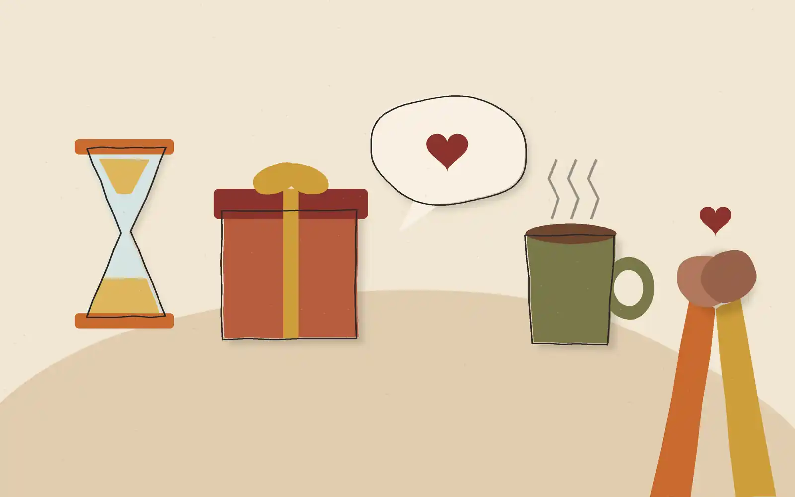 Line-and-shape illustration of the five love languages as objects on cream: an hourglass, a wrapped gift, a blank speech bubble with a heart, a steaming mug and two clasped hands