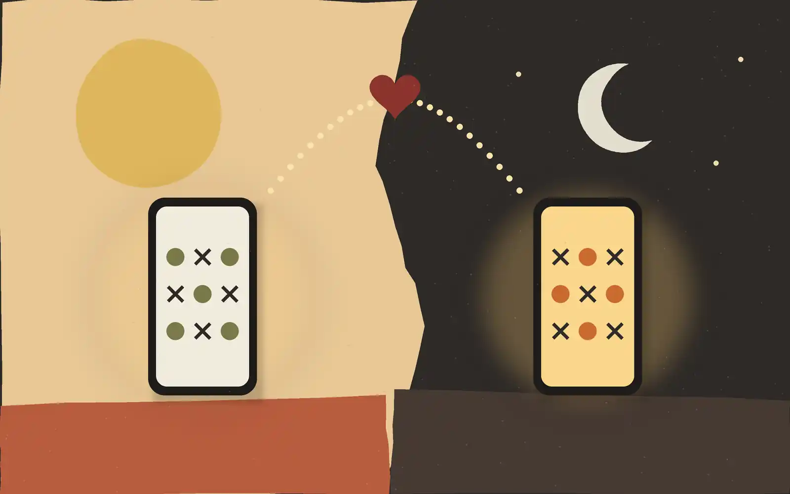 Cut-paper split scene of day and night, each side with a glowing phone showing a tic-tac-toe game, joined by a dotted arc with a red heart at the top