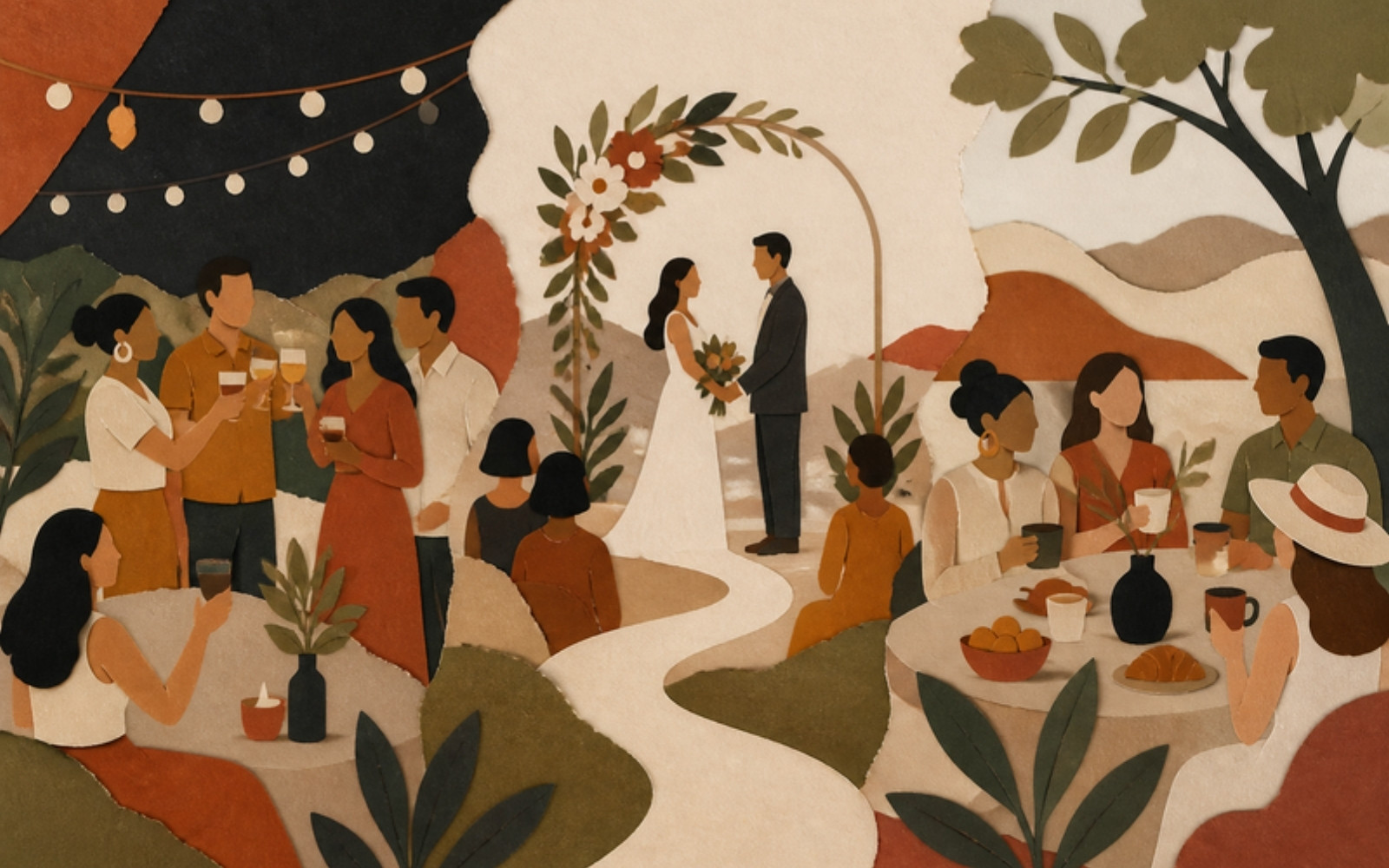 Cut-paper illustration of a wedding weekend: welcome drinks under string lights, an outdoor ceremony and a morning brunch