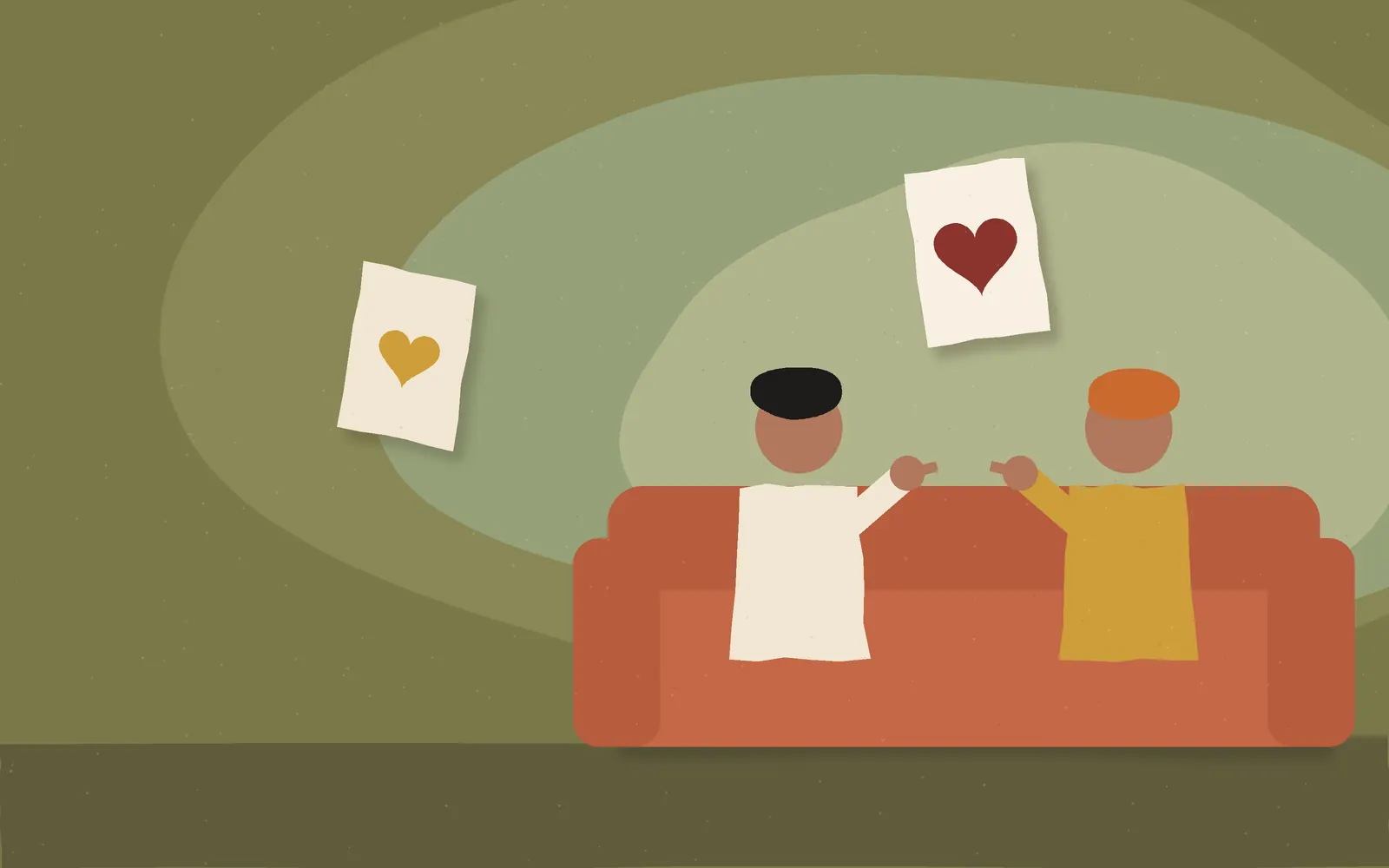 Cut-paper illustration of a faceless couple on a terracotta sofa pointing at each other, with two blank playing cards marked with hearts floating above them on a layered olive background
