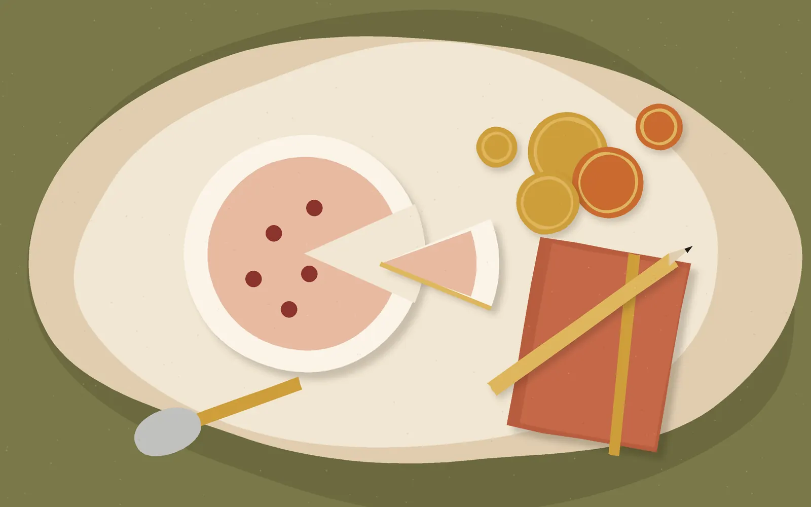Overhead cut-paper illustration of a plain wedding cake with one slice cut away, beside stacked coins and a closed budget notebook with a pencil
