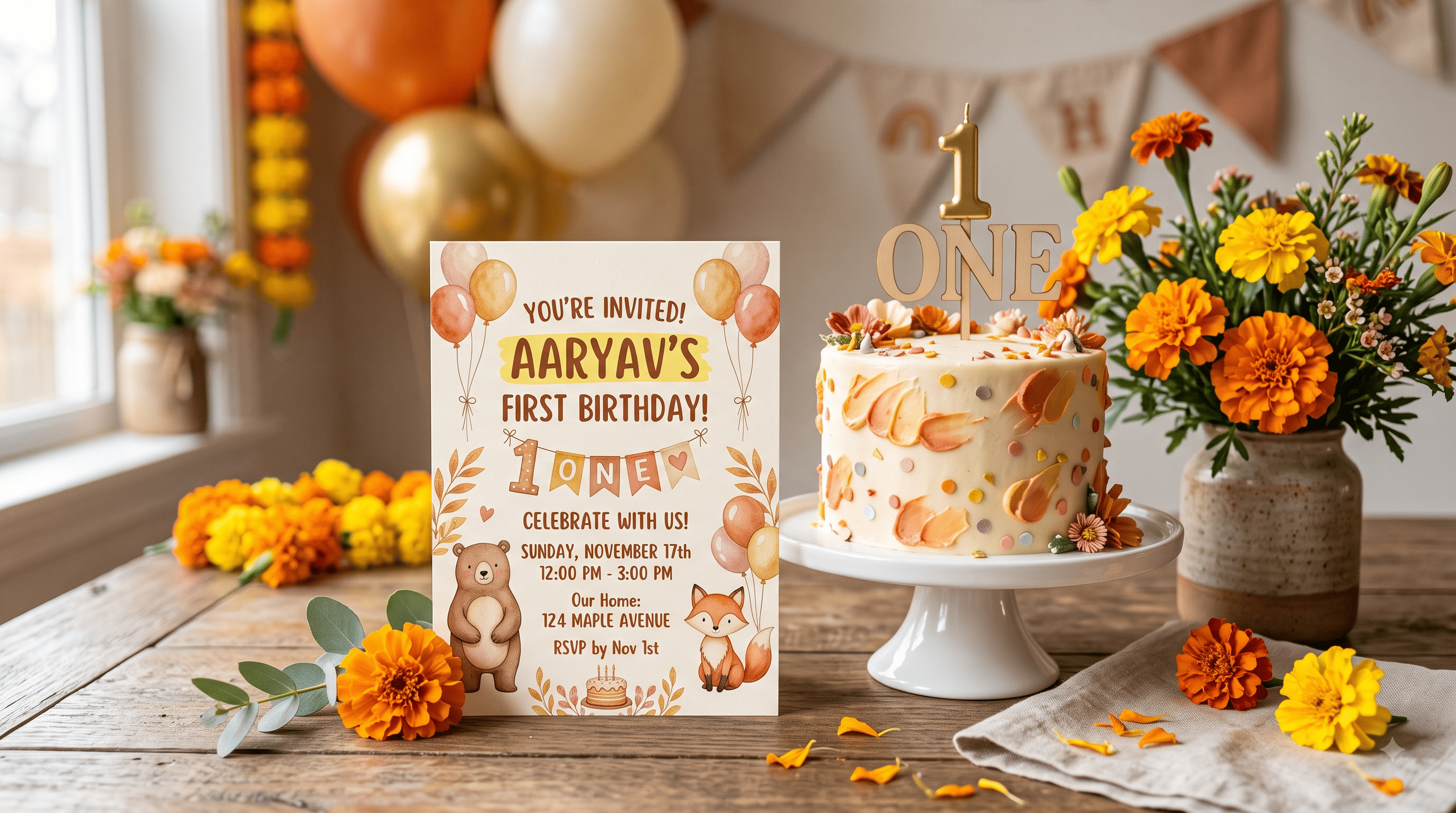 A first birthday invitation card in warm colours beside a small cake and marigold flowers.
