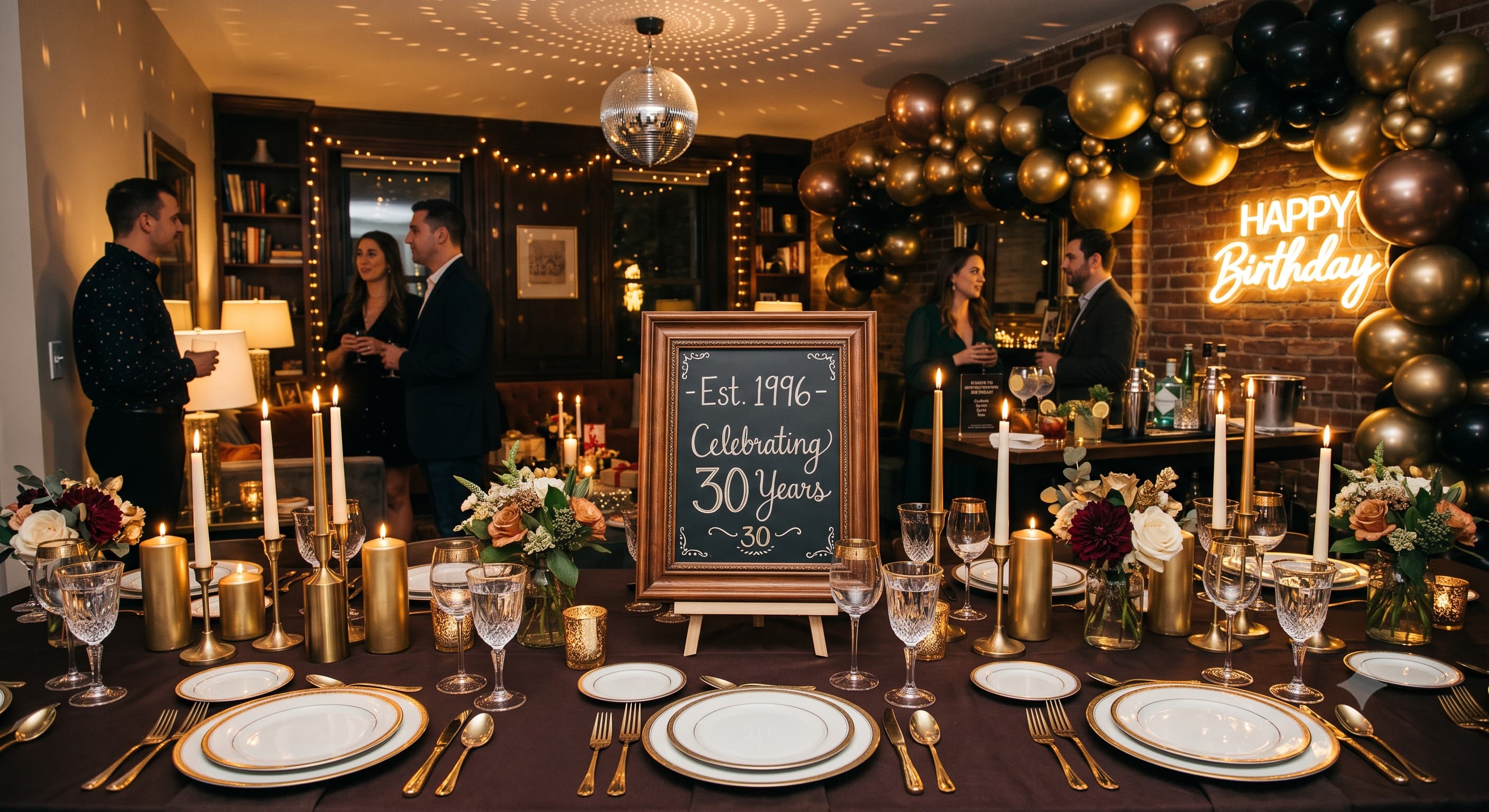 A long dinner table set for a 30th birthday with candles, gold accents and a chalkboard sign reading "1996".