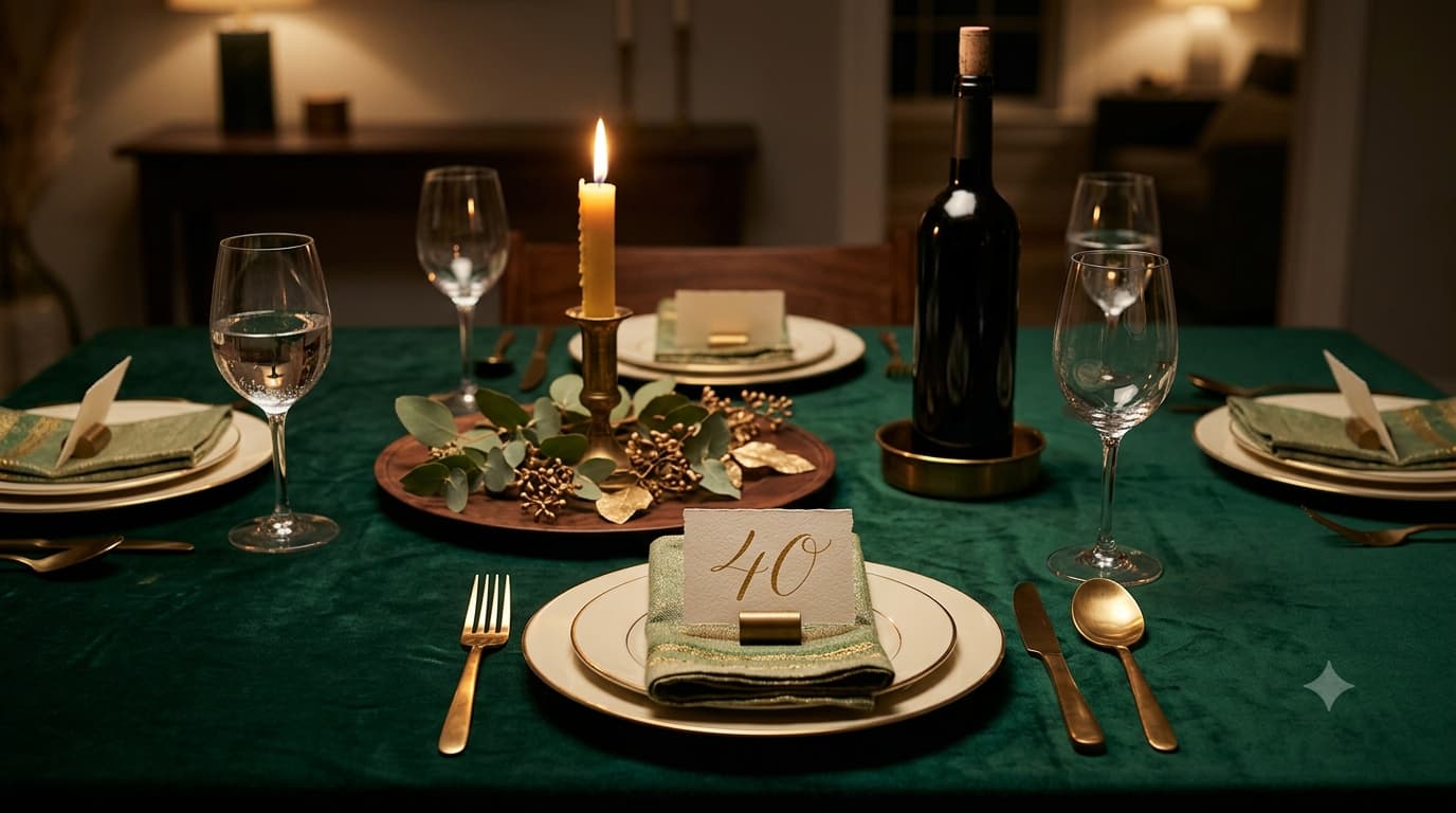An elegant dinner table set in deep green and gold for a 40th birthday celebration.