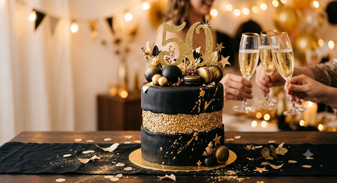 A gold "50" cake topper on a black and gold birthday cake, styled for a 50th birthday celebration.