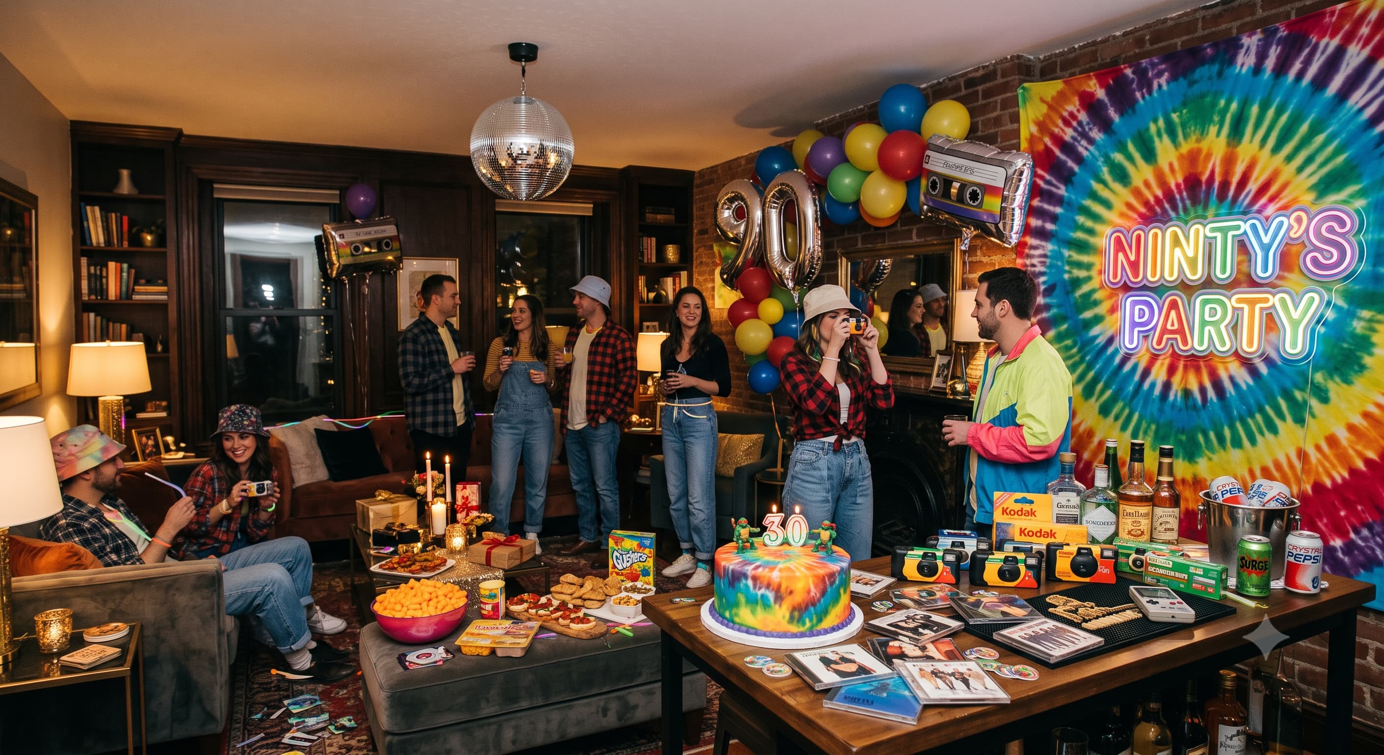 A living room styled for a 90s themed birthday party with disposable cameras, CD cases and a tie-dye sheet backdrop.
