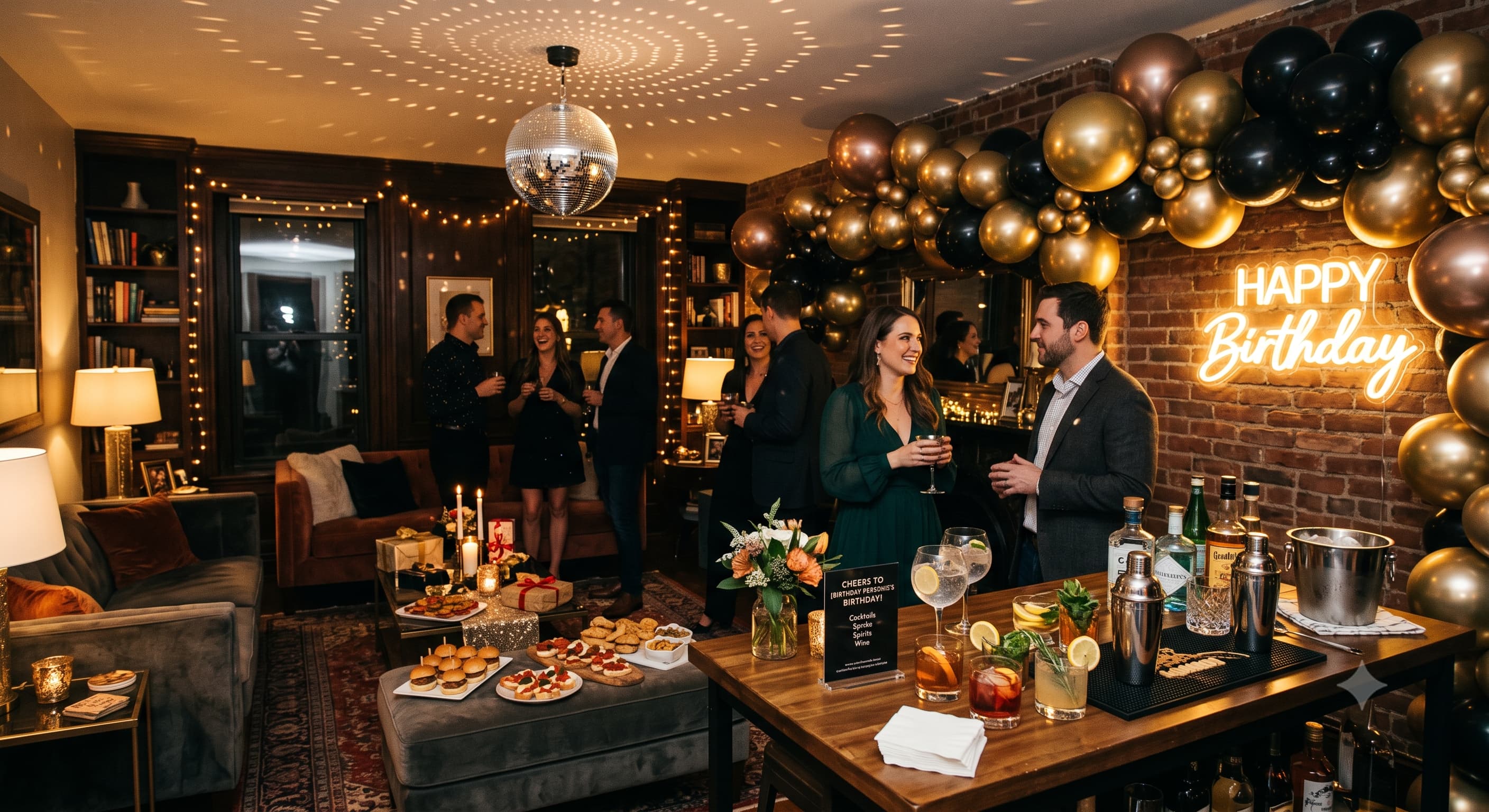 A dimly lit living room set up for an adult birthday party, with a mirror ball, brass balloons and a table of cocktails.