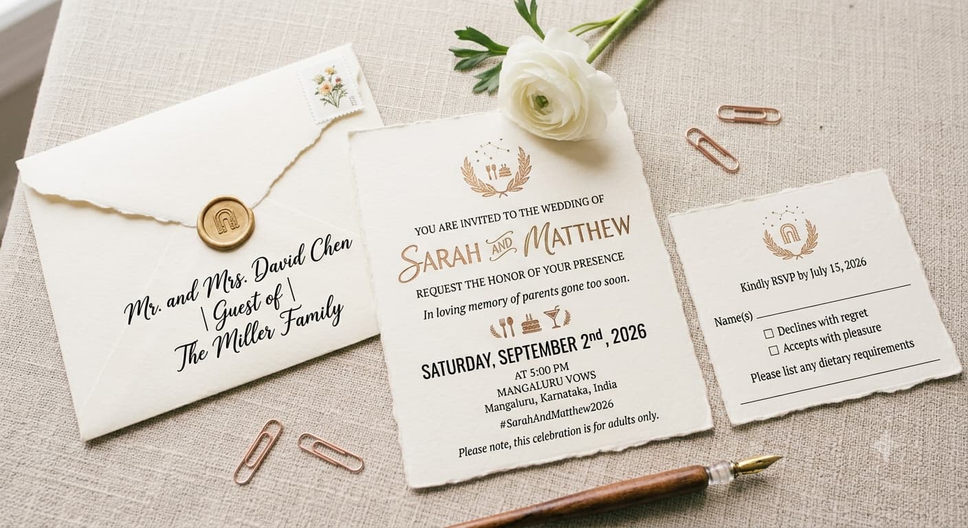 A wedding details card printed with an adults-only line, shown beside an addressed inner envelope and an RSVP card.