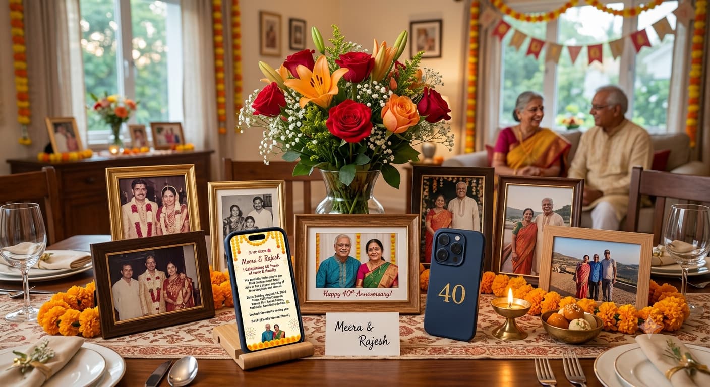 An older couple's anniversary celebration table with flowers and framed photographs, with a phone showing the invitation message alongside.