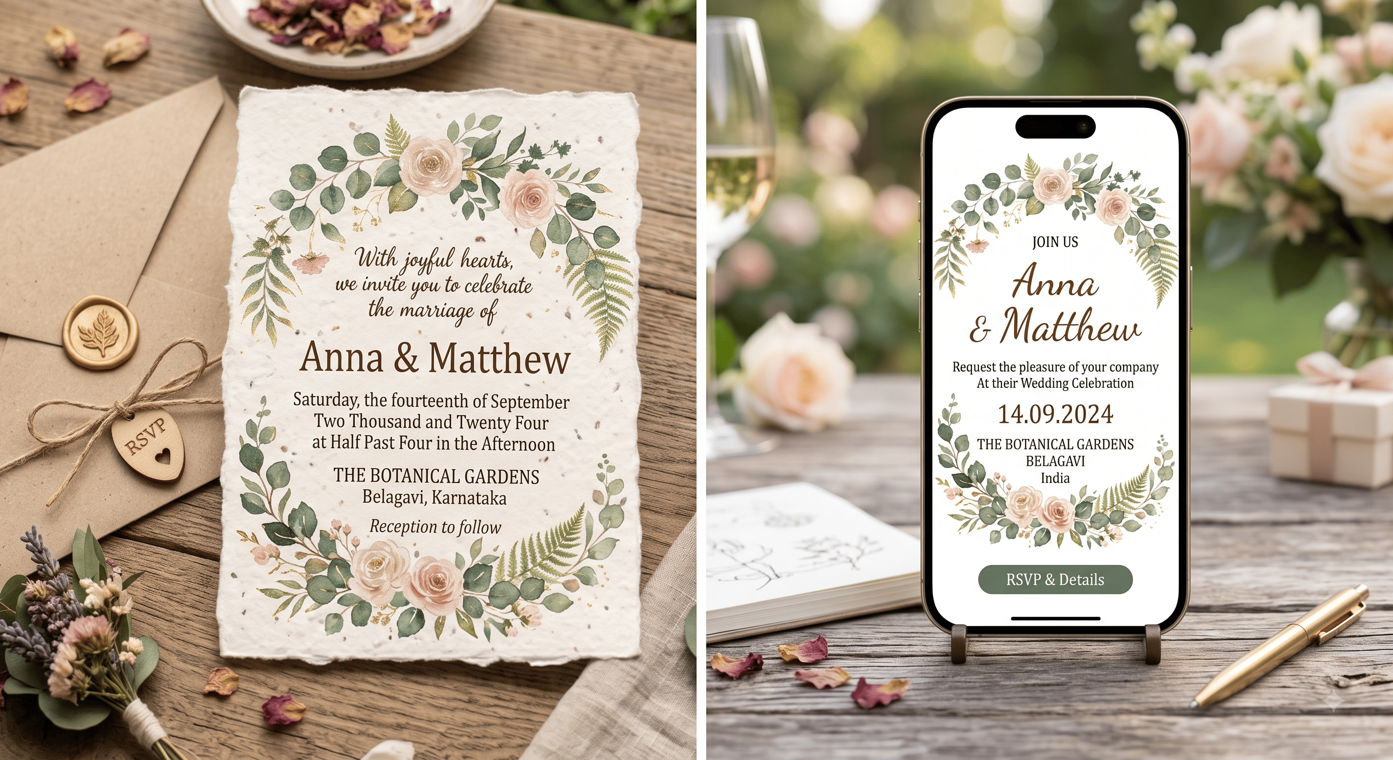 A phone showing a formally worded digital wedding invitation next to a printed invitation on a table.