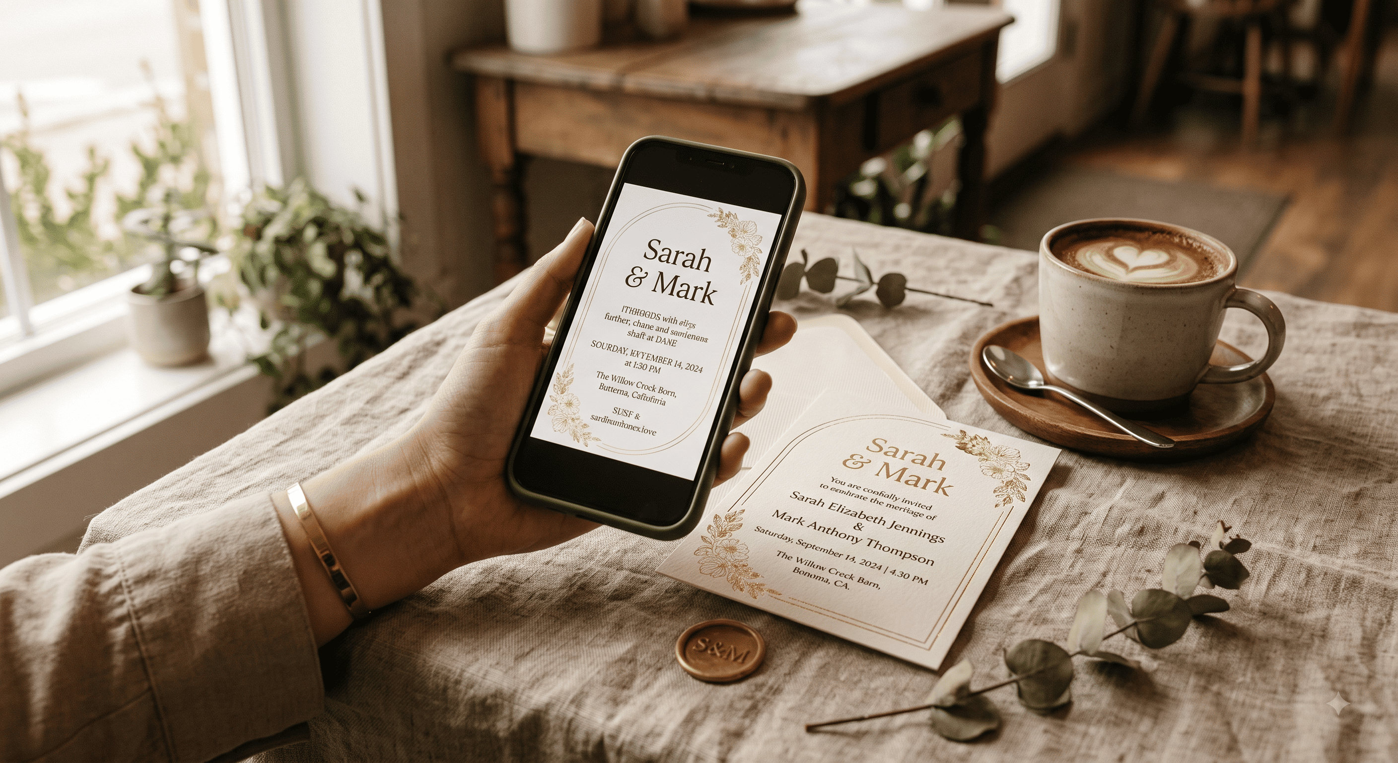 A guest holding a phone showing an elegant serif wedding invitation, with a printed cream card resting on the table beside it.