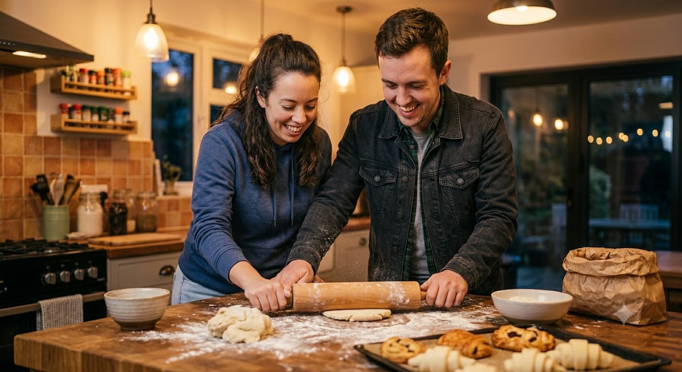 Two people rolling out dough together on a flour-dusted kitchen counter in the evening.