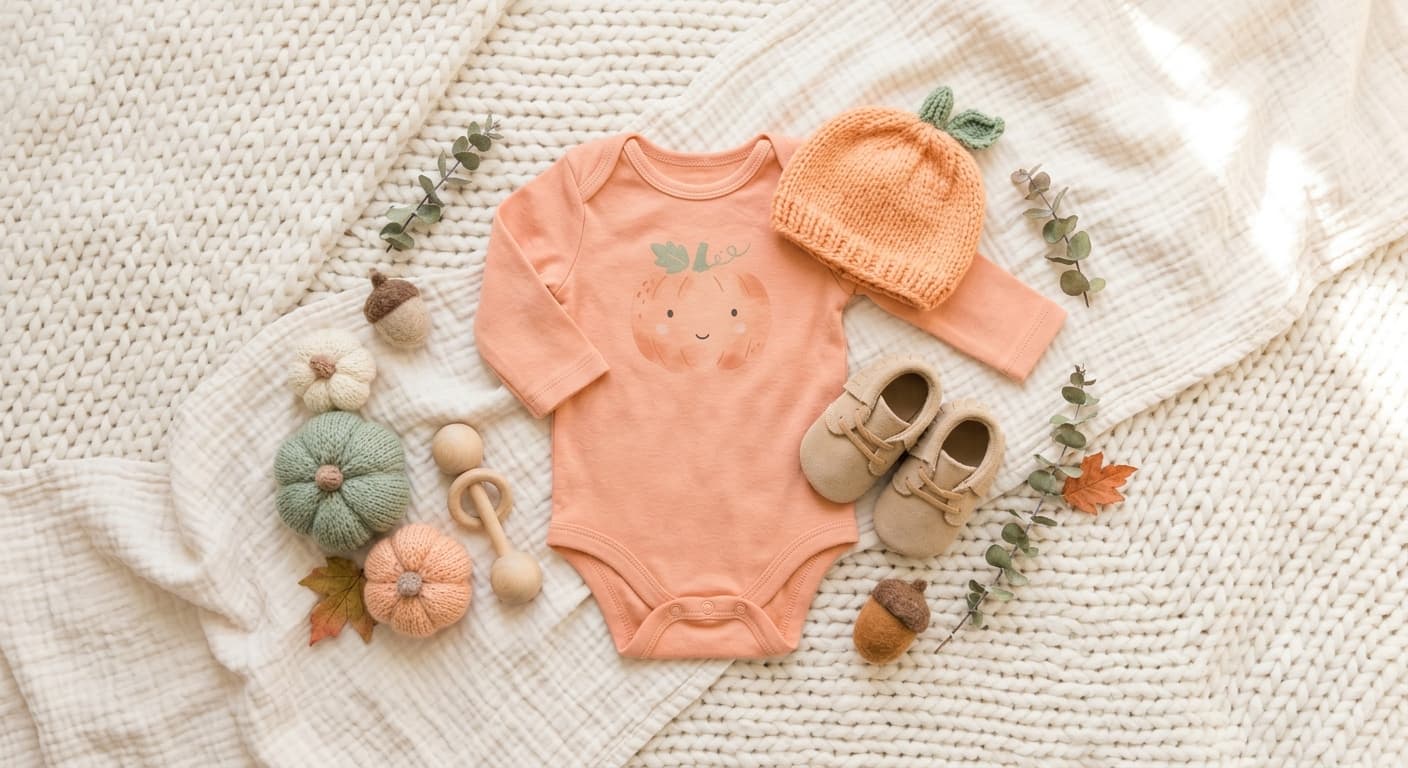 A soft pumpkin-themed baby onesie Halloween costume laid out with a matching hat