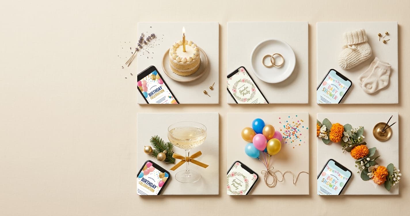 A grid of digital invitations for a wedding, a kids' birthday, a baby shower and an office party