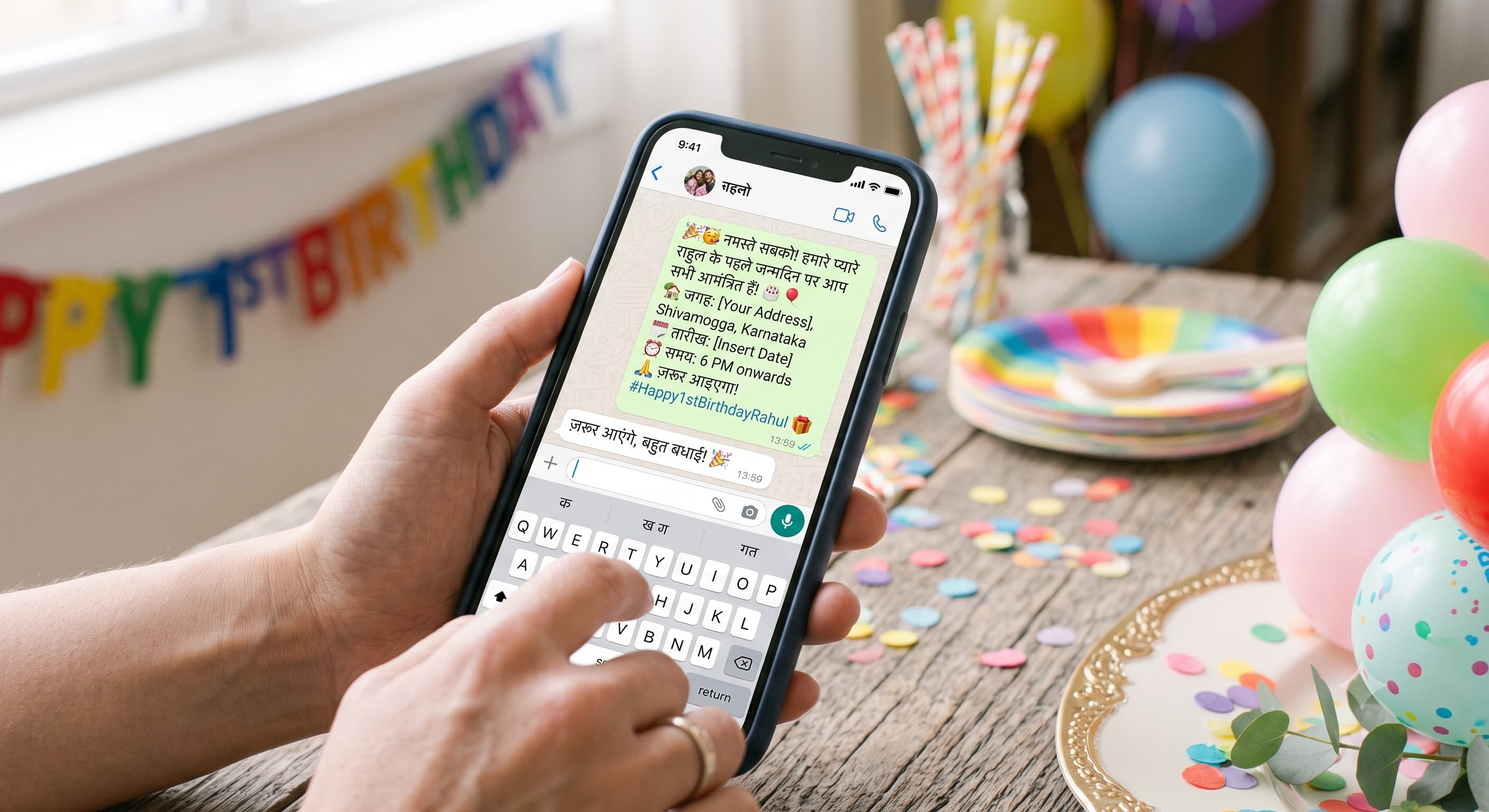 A WhatsApp chat on a phone showing a Hindi birthday invitation message decorated with cake and balloon emojis.