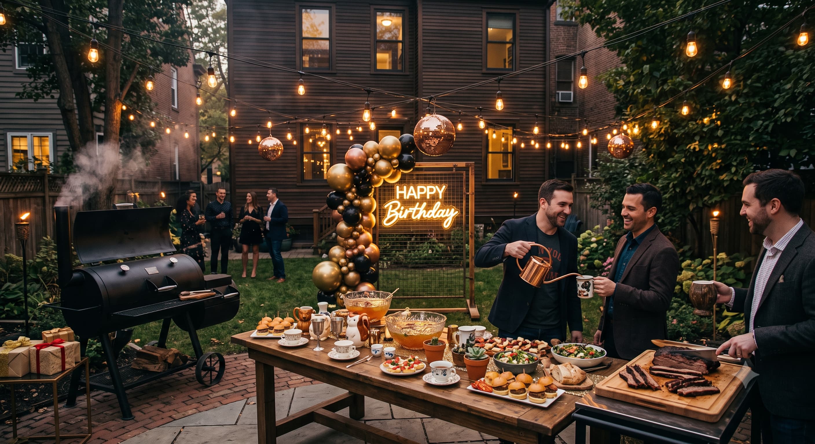 A backyard birthday setup for men with a smoker, a long table of food and string lights overhead.