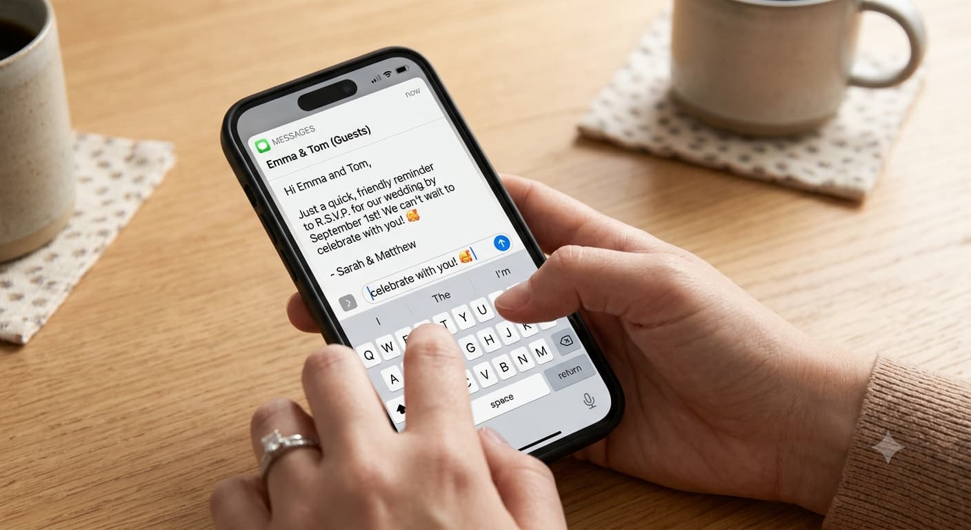 A phone screen showing a short, friendly reminder message being typed to a wedding guest.
