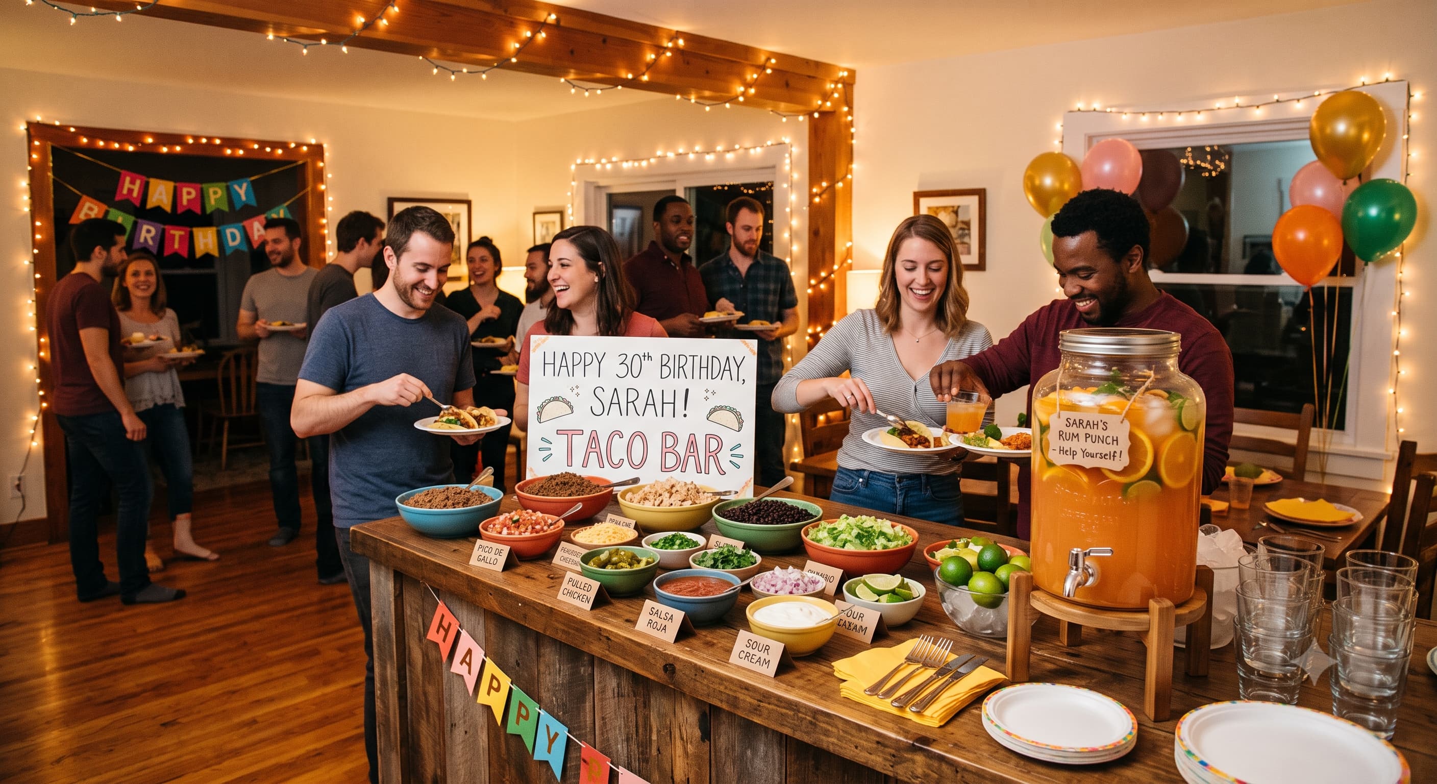 A simply decorated home birthday party with string lights, a taco bar and a batched cocktail in a glass dispenser.
