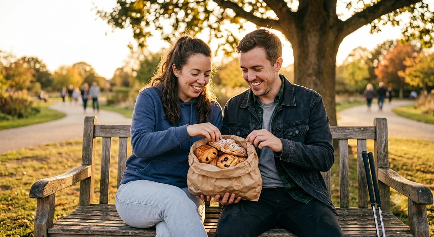 Two people sharing a paper bag of pastries on a park bench in late afternoon light.
