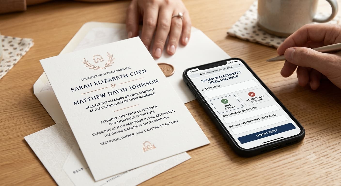 A printed wedding invitation on a table beside a phone showing a simple RSVP reply form.