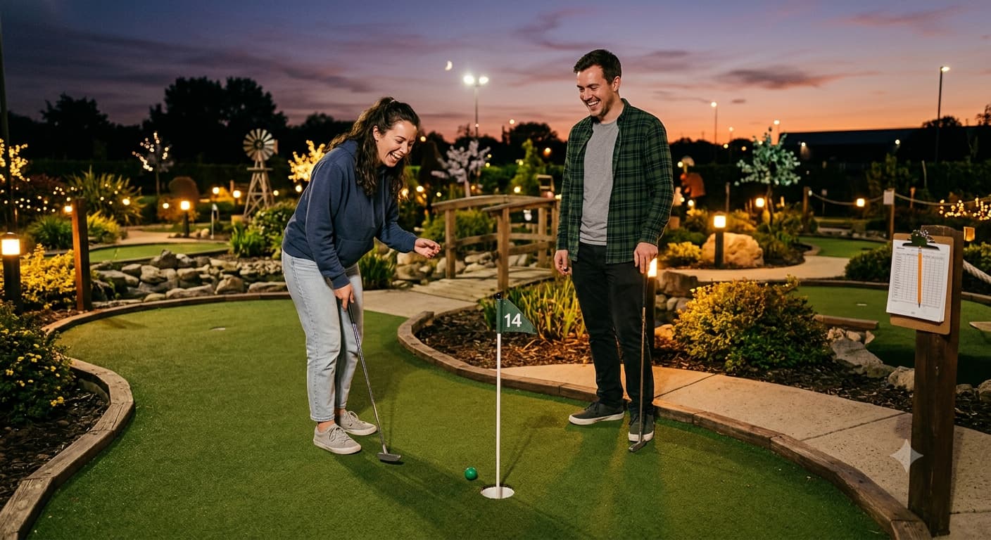 A couple playing mini golf at dusk, one of them laughing at a missed putt on the astroturf green.
