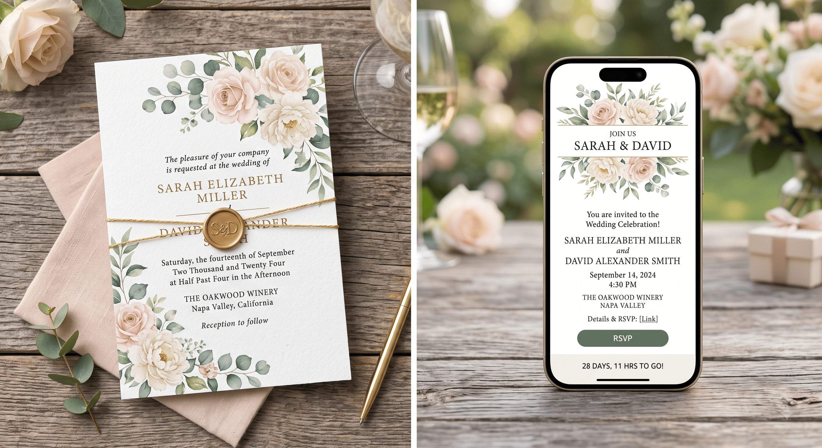 A printed wedding invitation beside a phone displaying a digital invitation.