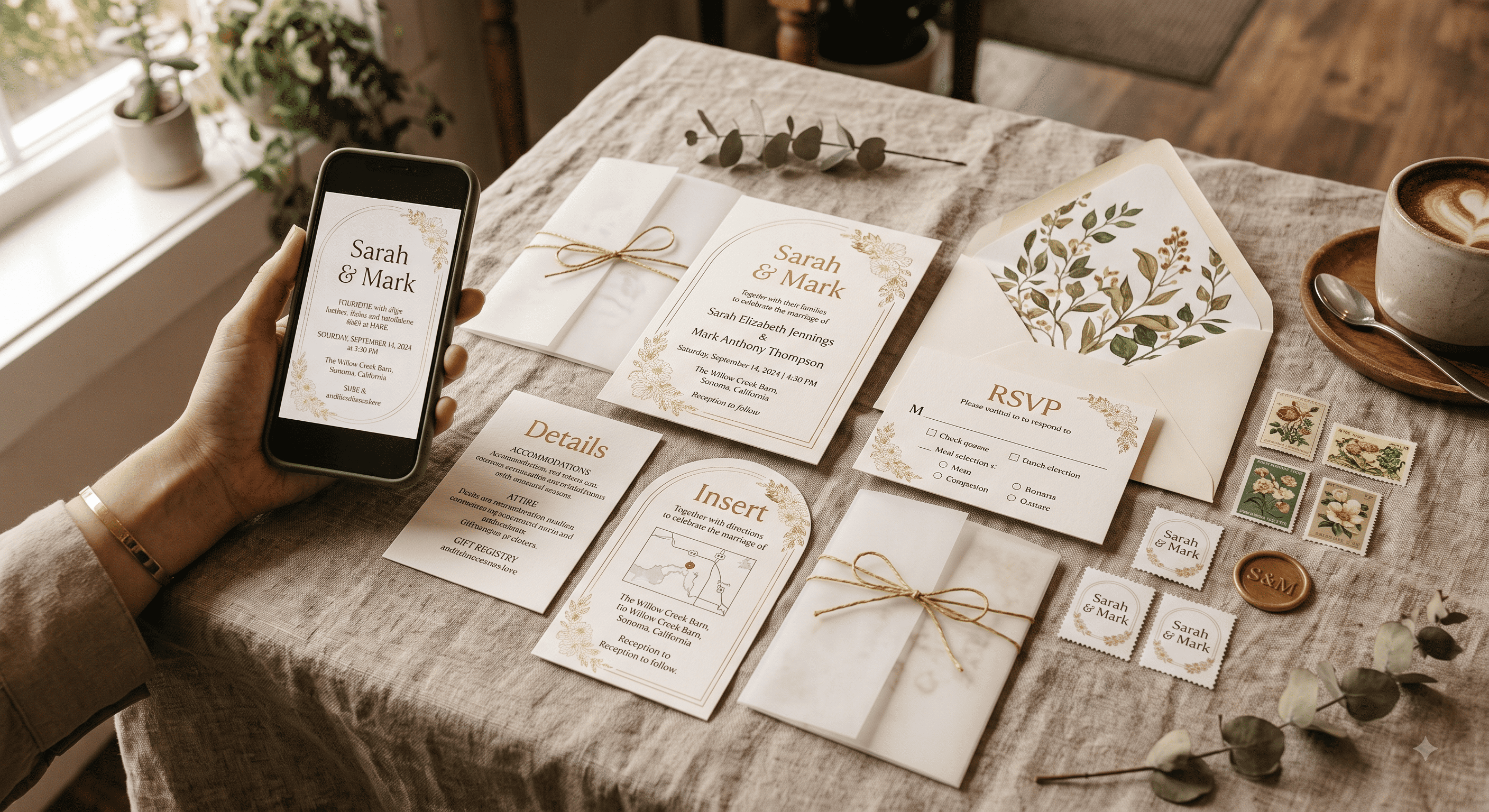 A printed wedding invitation suite laid out beside a phone showing the same invitation digitally, with stamps and envelopes to one side