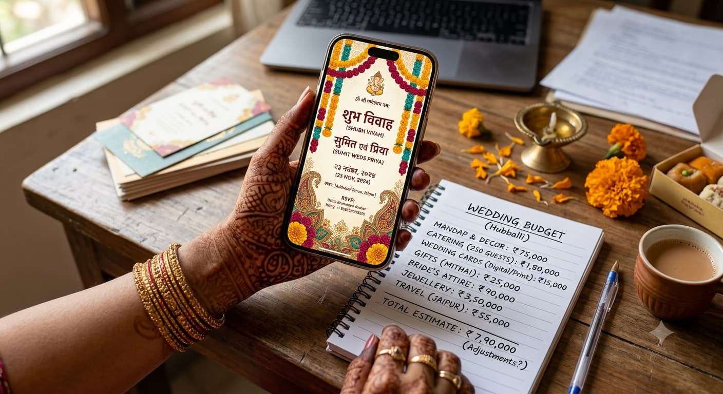 A smartphone displaying a floral digital Indian wedding invitation, held above a desk with a notepad of wedding budget figures.