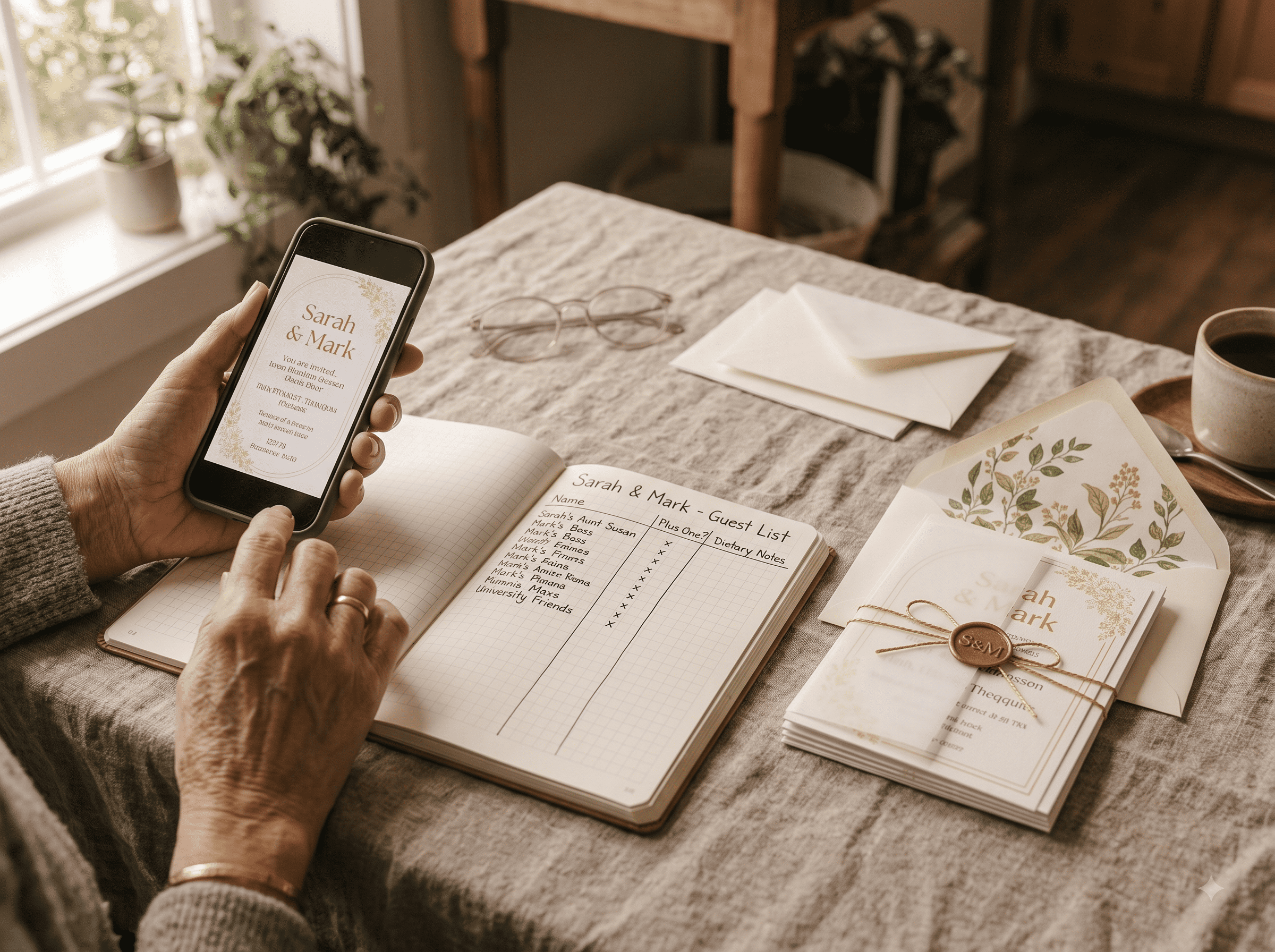 A guest list notebook open beside a stack of printed wedding invitations and a phone showing a digital invitation.