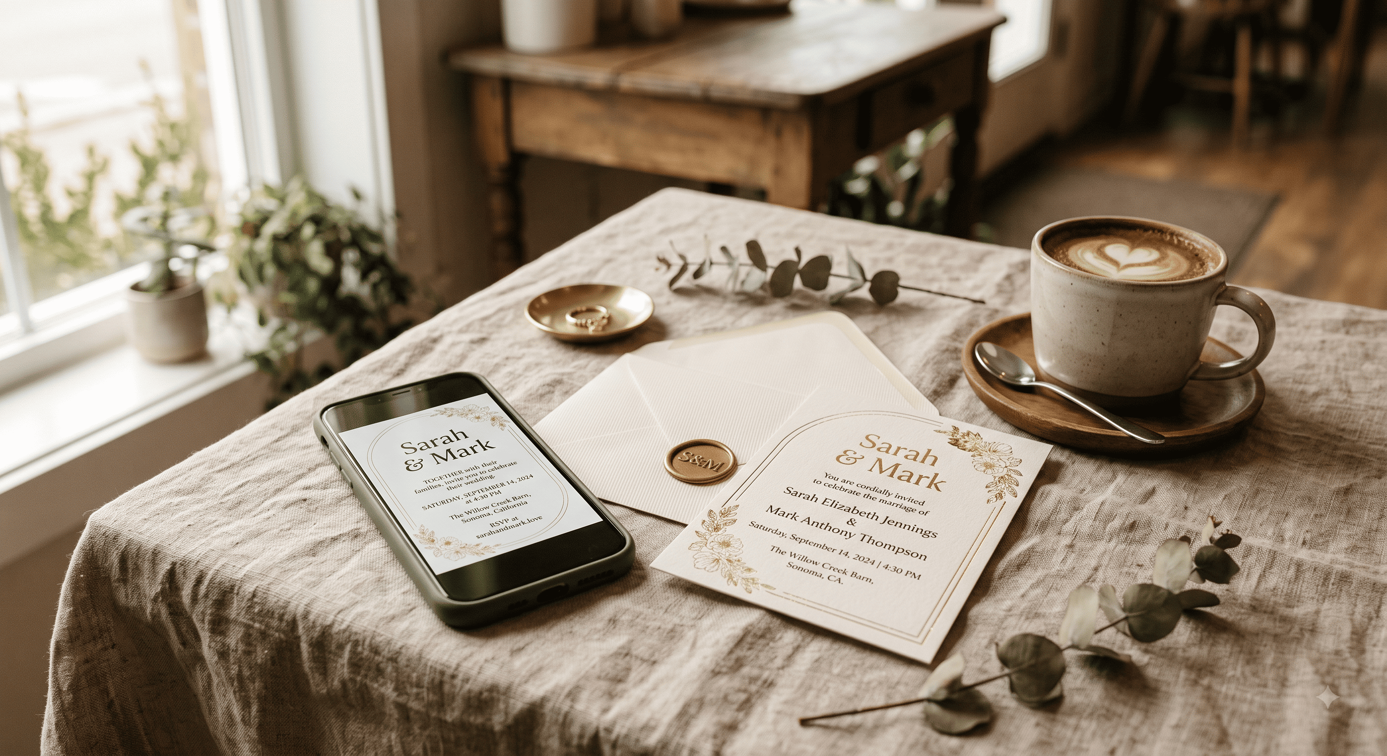 A wedding invitation displayed on a phone screen beside a printed card and a cup of coffee on a linen tablecloth.