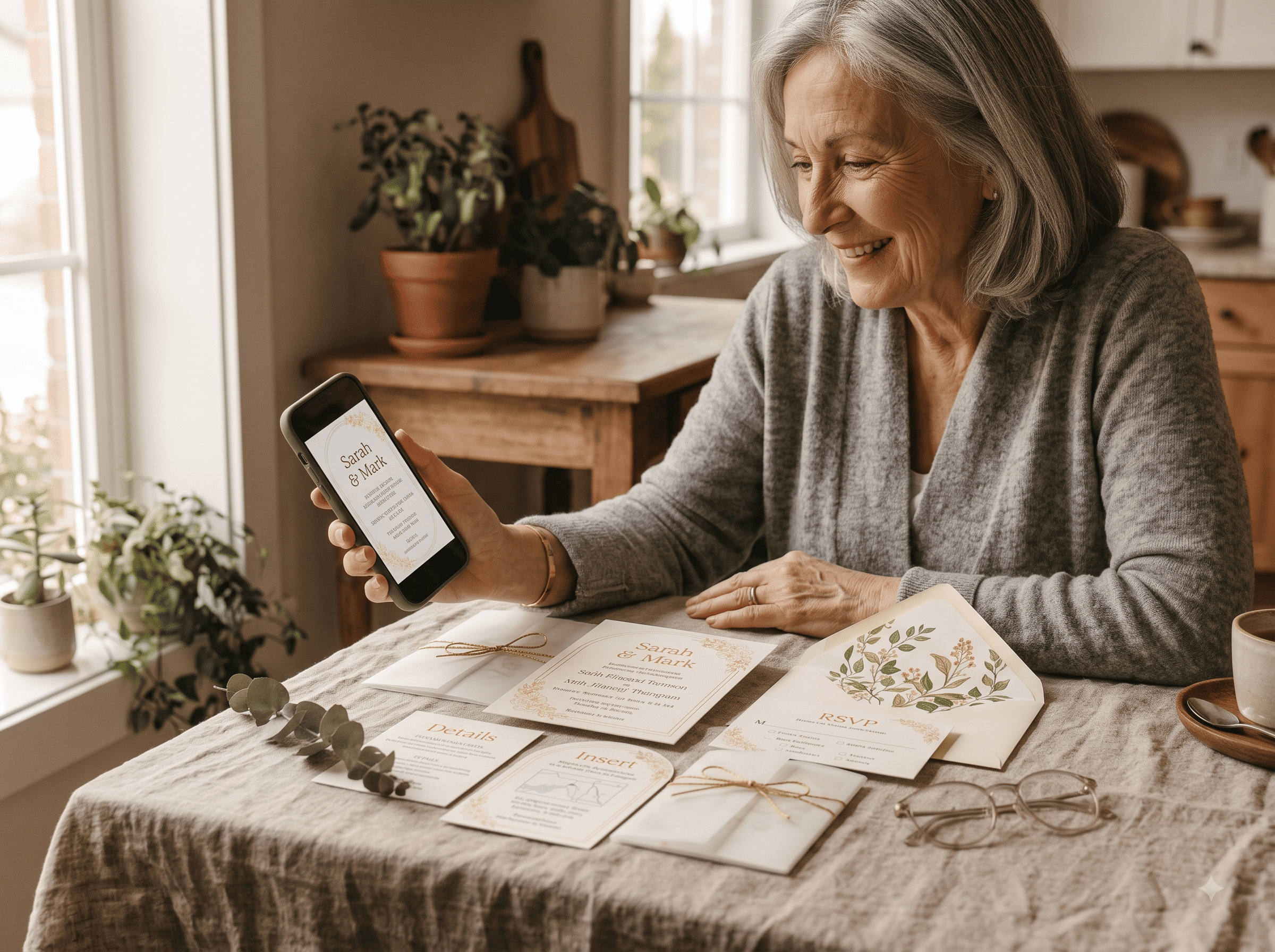 An older woman sitting at a kitchen table looking at a wedding invitation on a phone, with a printed card and reading glasses nearby.