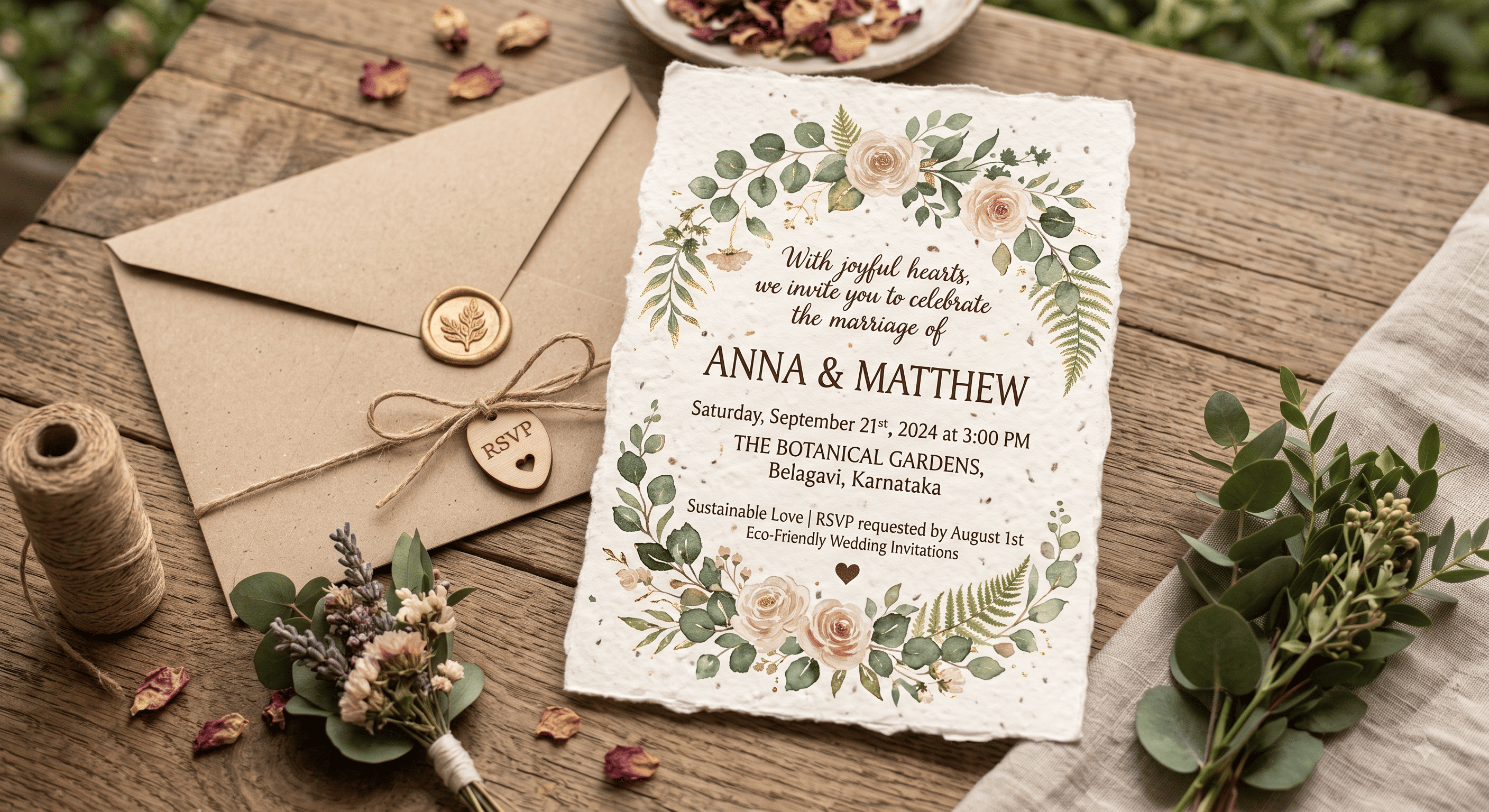 A recycled paper wedding invitation with hand-lettered wording beside a kraft envelope and twine.