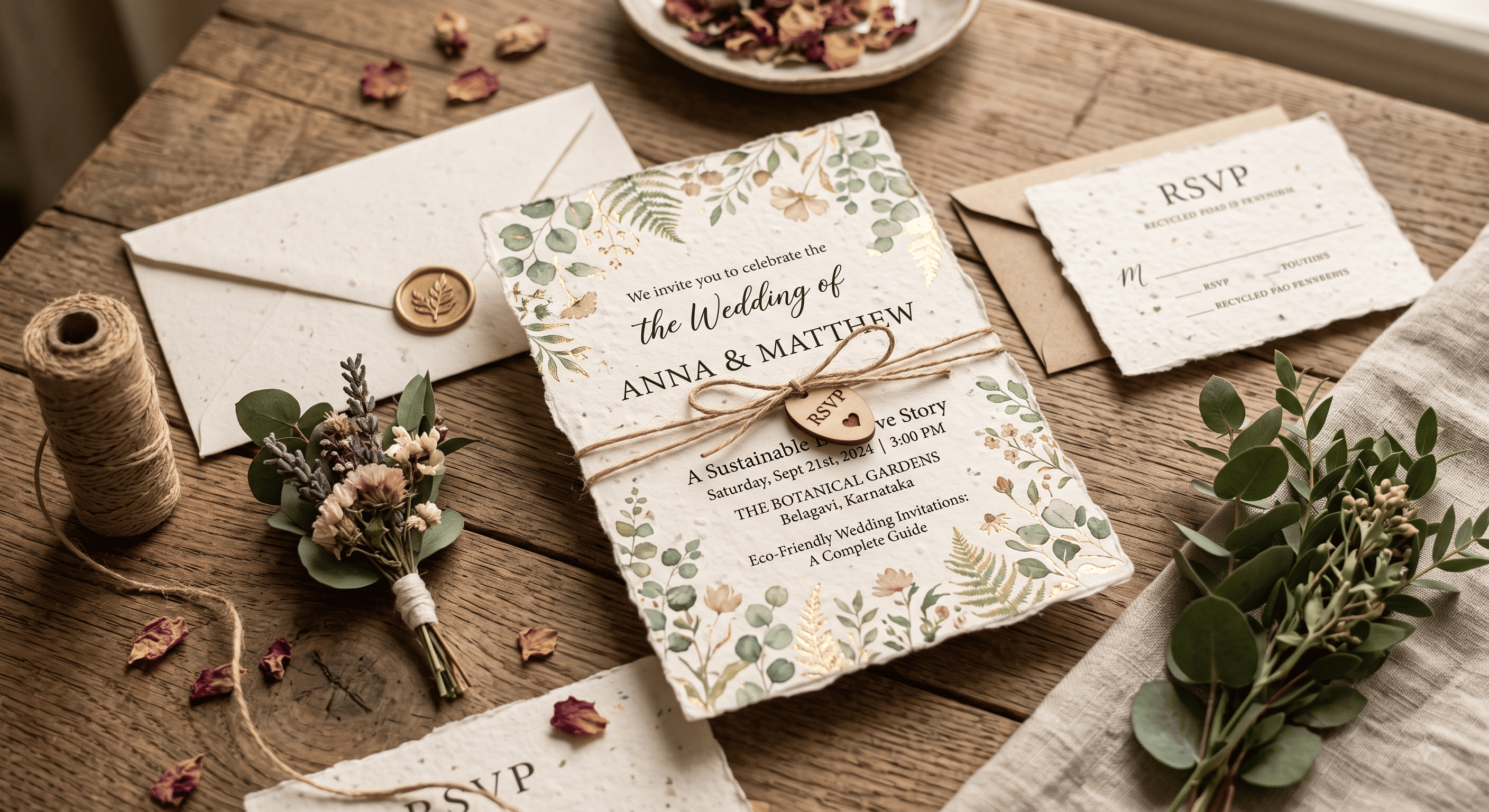 Recycled kraft paper wedding invitations with pressed flowers arranged on a wooden surface.
