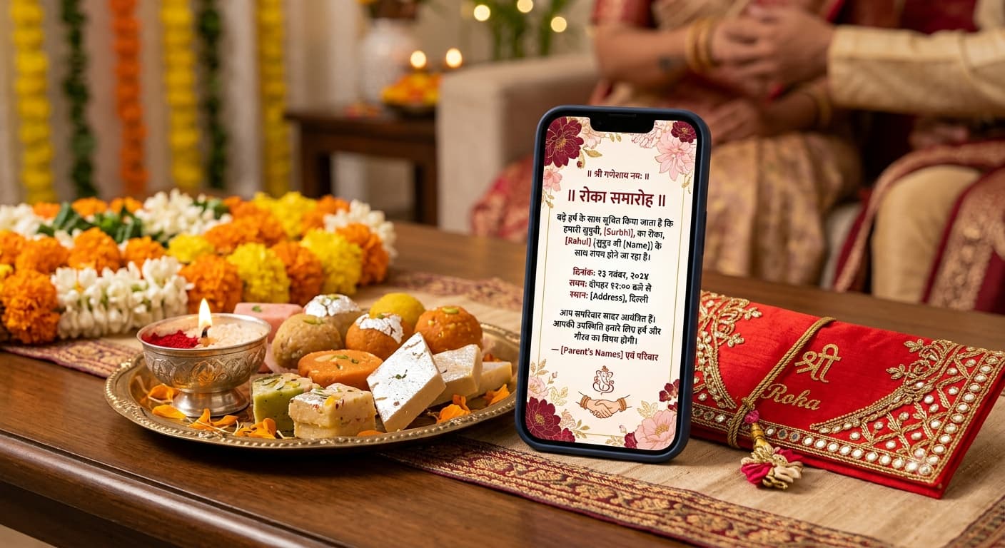 A phone displaying a roka ceremony invitation message in Hindi, resting beside a small tray of sweets and a red envelope.