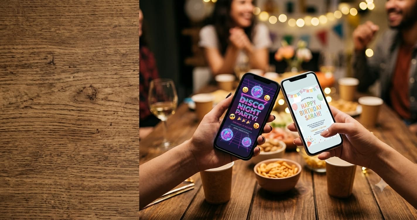 Two phones side by side, one showing a playful party invite and one showing a classic birthday invitation