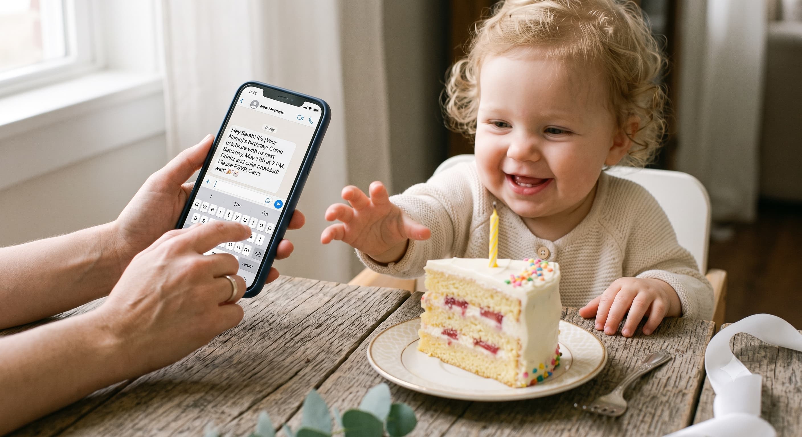 A one-year-old reaching for a small birthday cake while a parent holds a phone showing a WhatsApp invitation message.