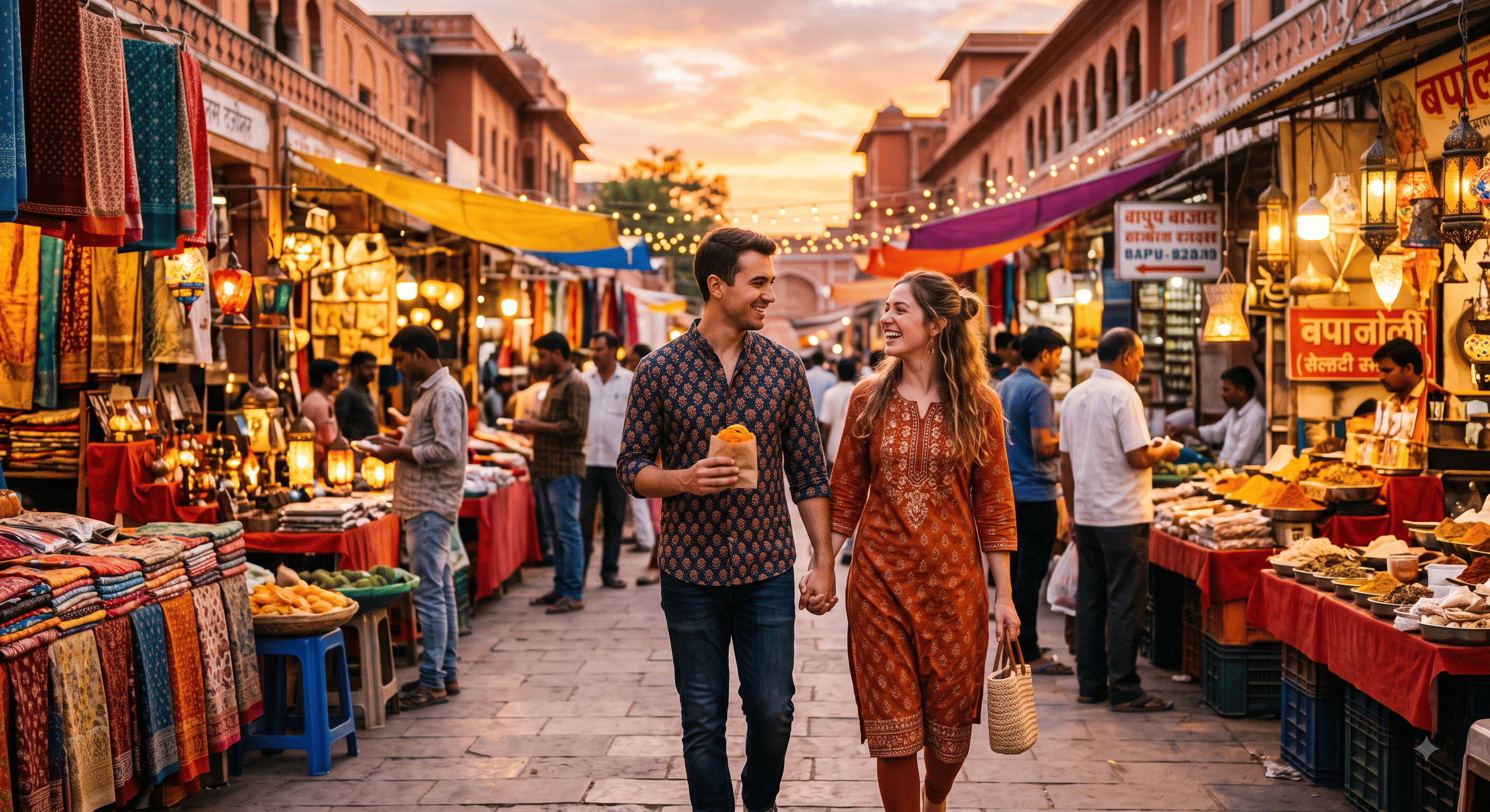 Two people walking through an outdoor market at sunset on a first date.